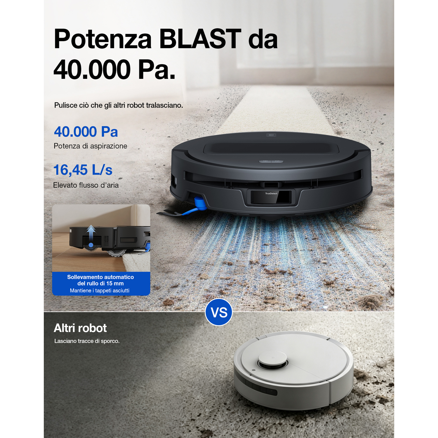 Confronto tra un robot aspirapolvere scuro che pulisce a fondo e uno chiaro che lascia sporco.