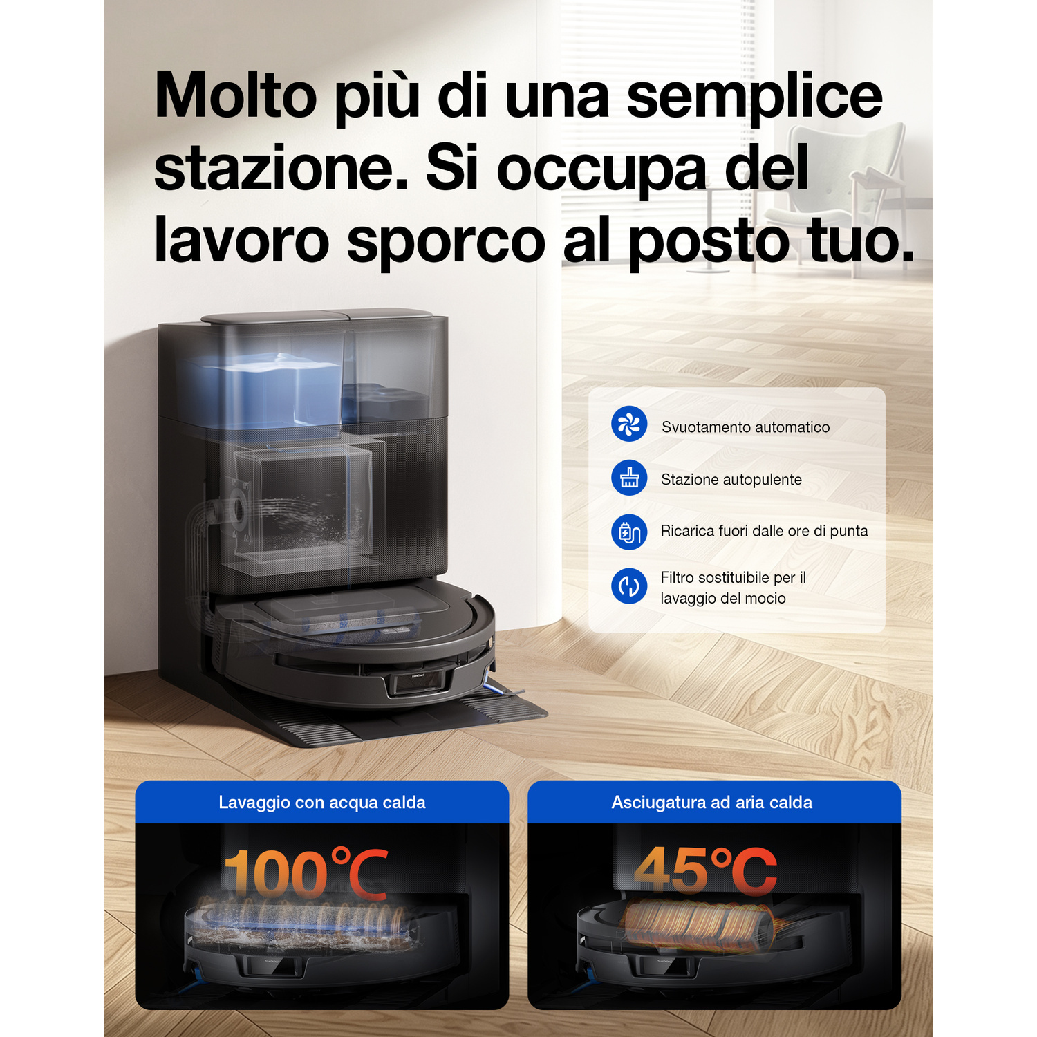 Immagine promozionale di una stazione di ricarica per robot aspirapolvere.