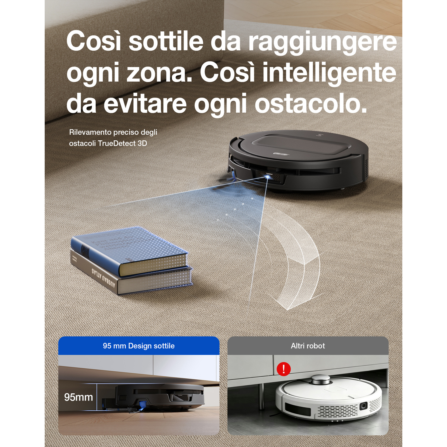 Un robot aspirapolvere nero su un tappeto scansiona i libri.