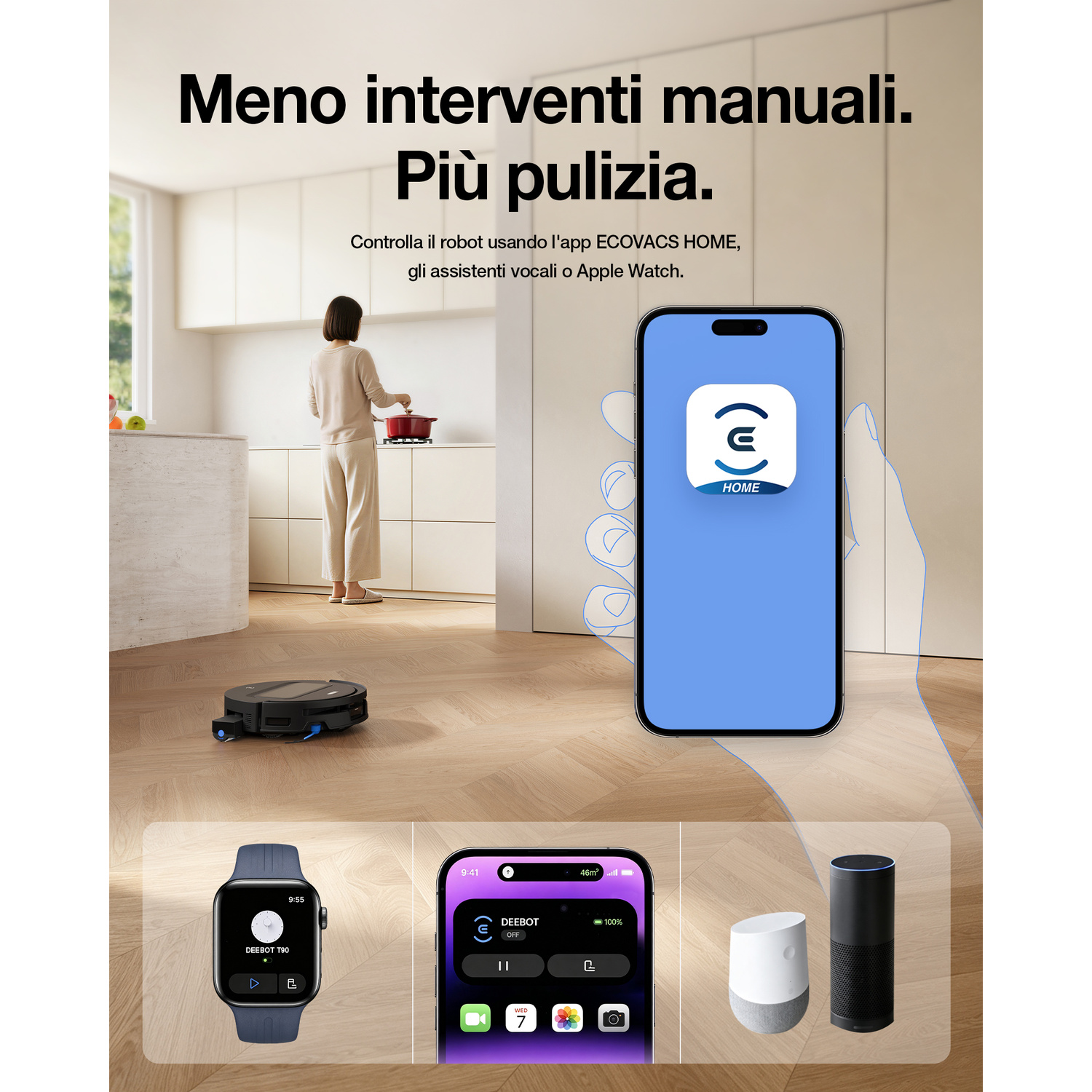 Smartphone con app Ecovacs Home, con cucina e robot aspirapolvere sullo sfondo.