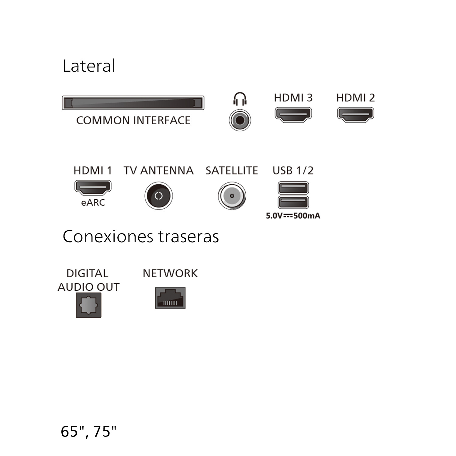 Diagrama de conexiones laterales y traseras del televisor, incluyendo Common Interface, HDMI, USB, antena y red.