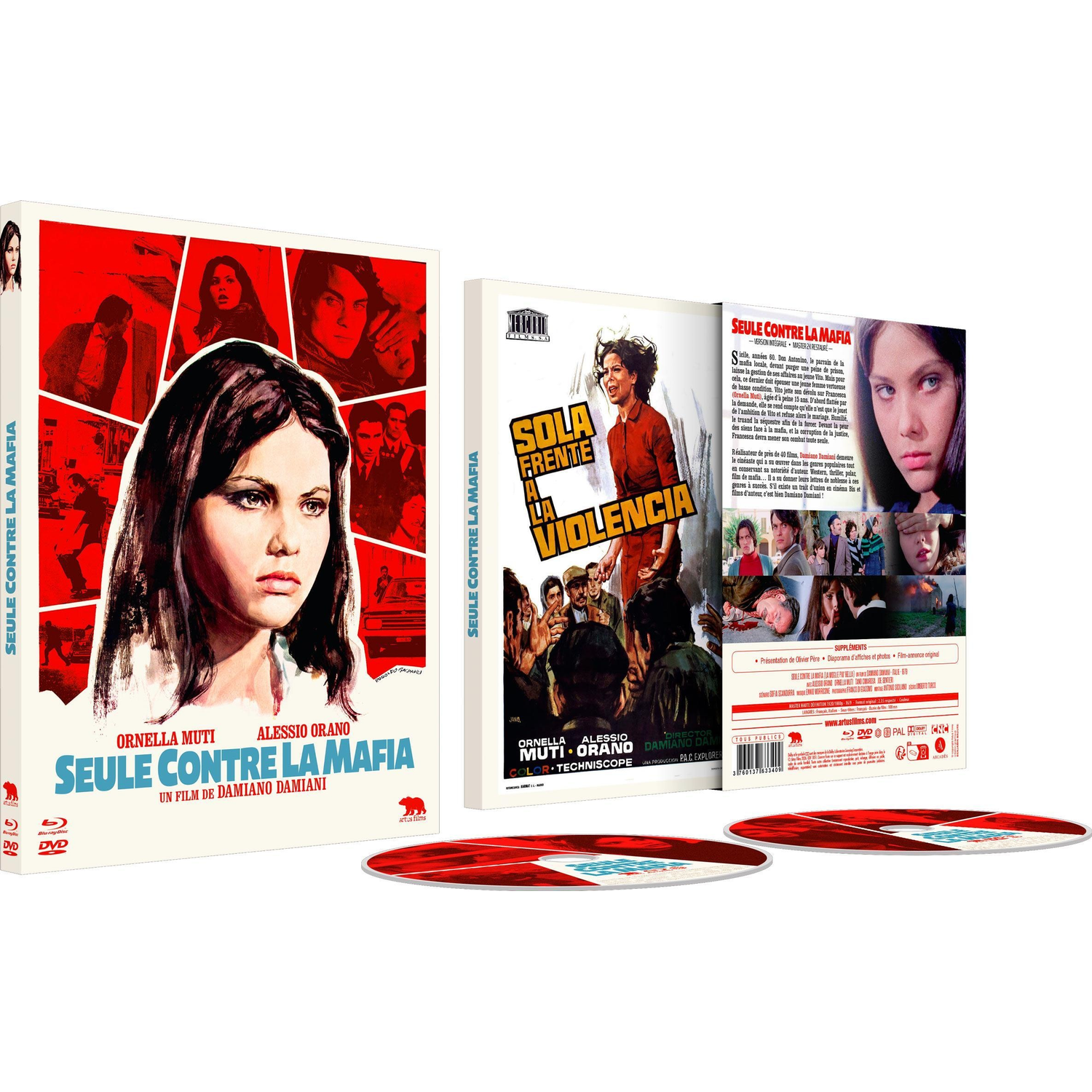 Blu-ray and DVD set of Seule contre la Mafia starring Ornella Muti, with red discs.