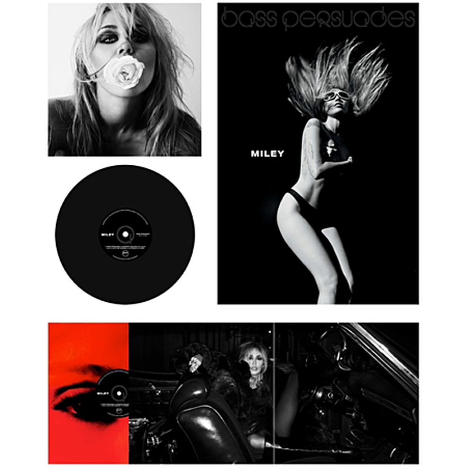 A black and white collage featuring Miley Cyrus, including portraits, a vinyl record, and a woman in a car.