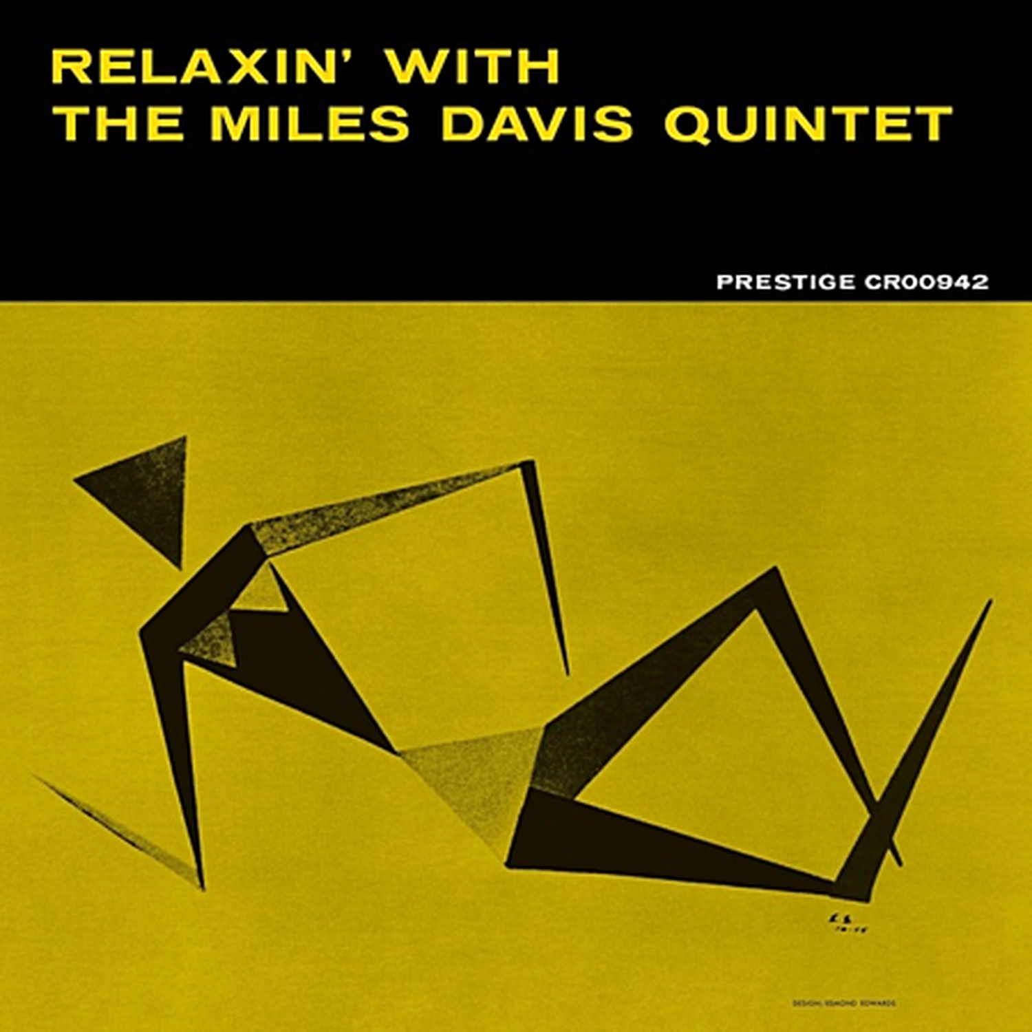 Album cover for Relaxin' with The Miles Davis Quintet showing a black abstract figure on a yellow background.