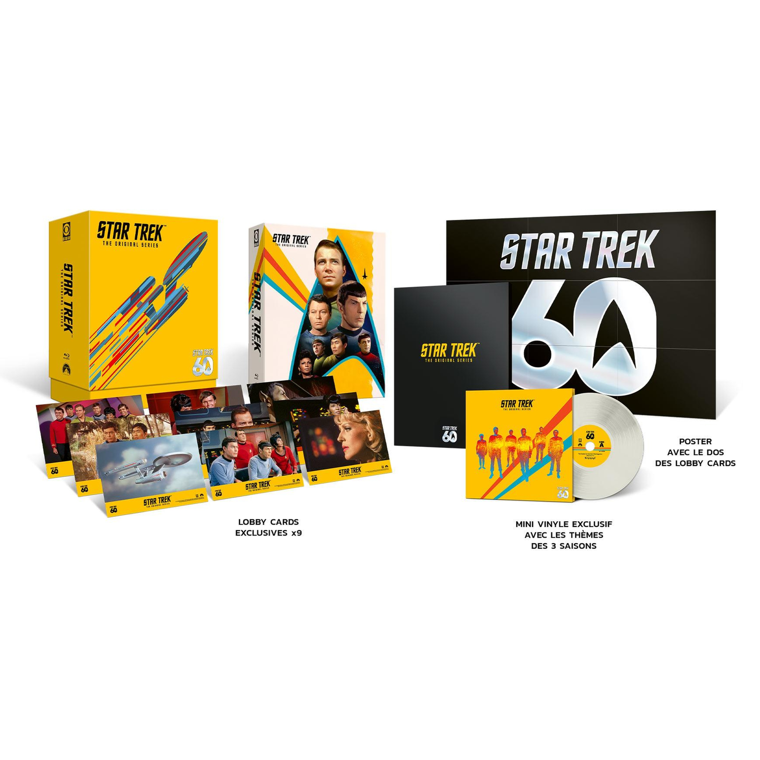 Star Trek 60th Anniversary box set with yellow boxes, lobby cards, a poster, a book, and a vinyl record.