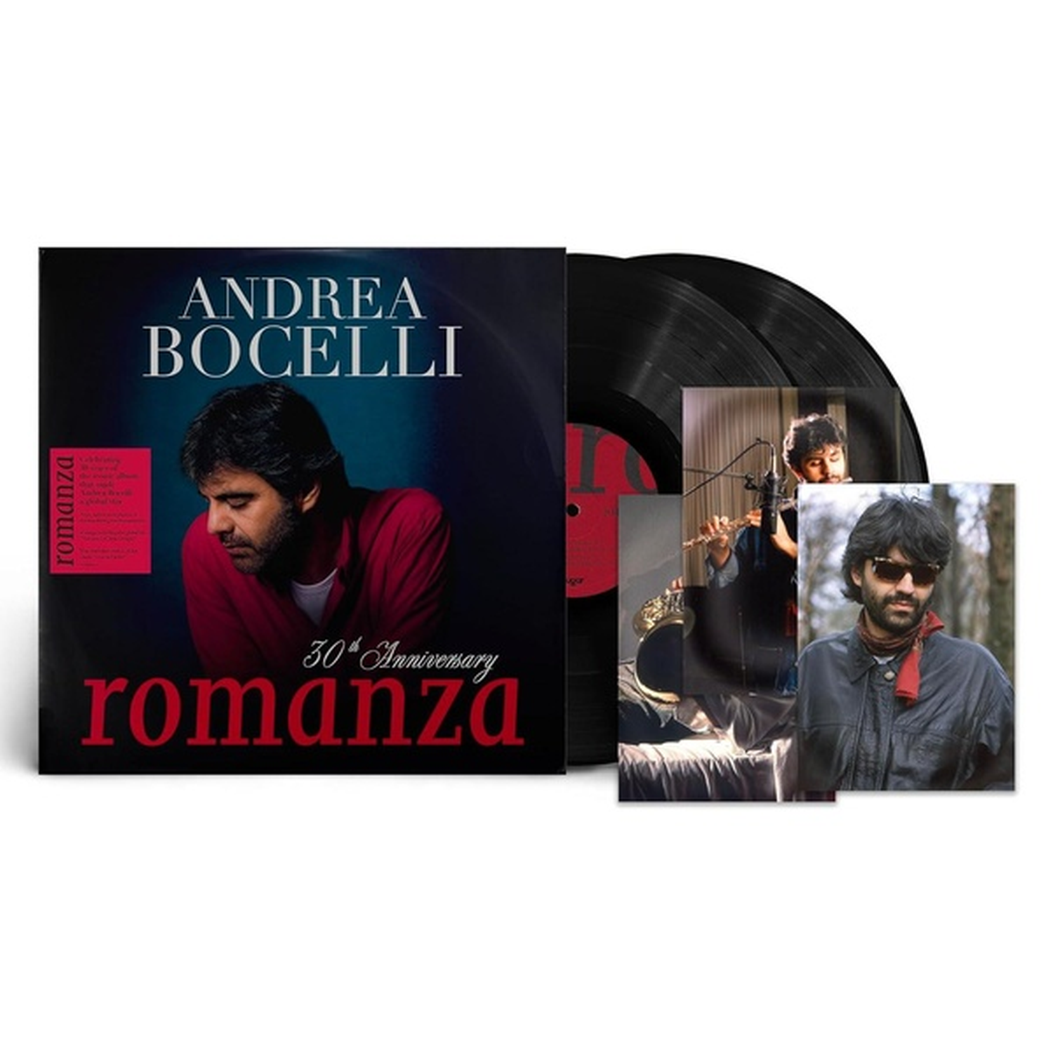 Andrea Bocelli Romanza 30th Anniversary vinyl album set met hoes, twee platen en foto-inlays.