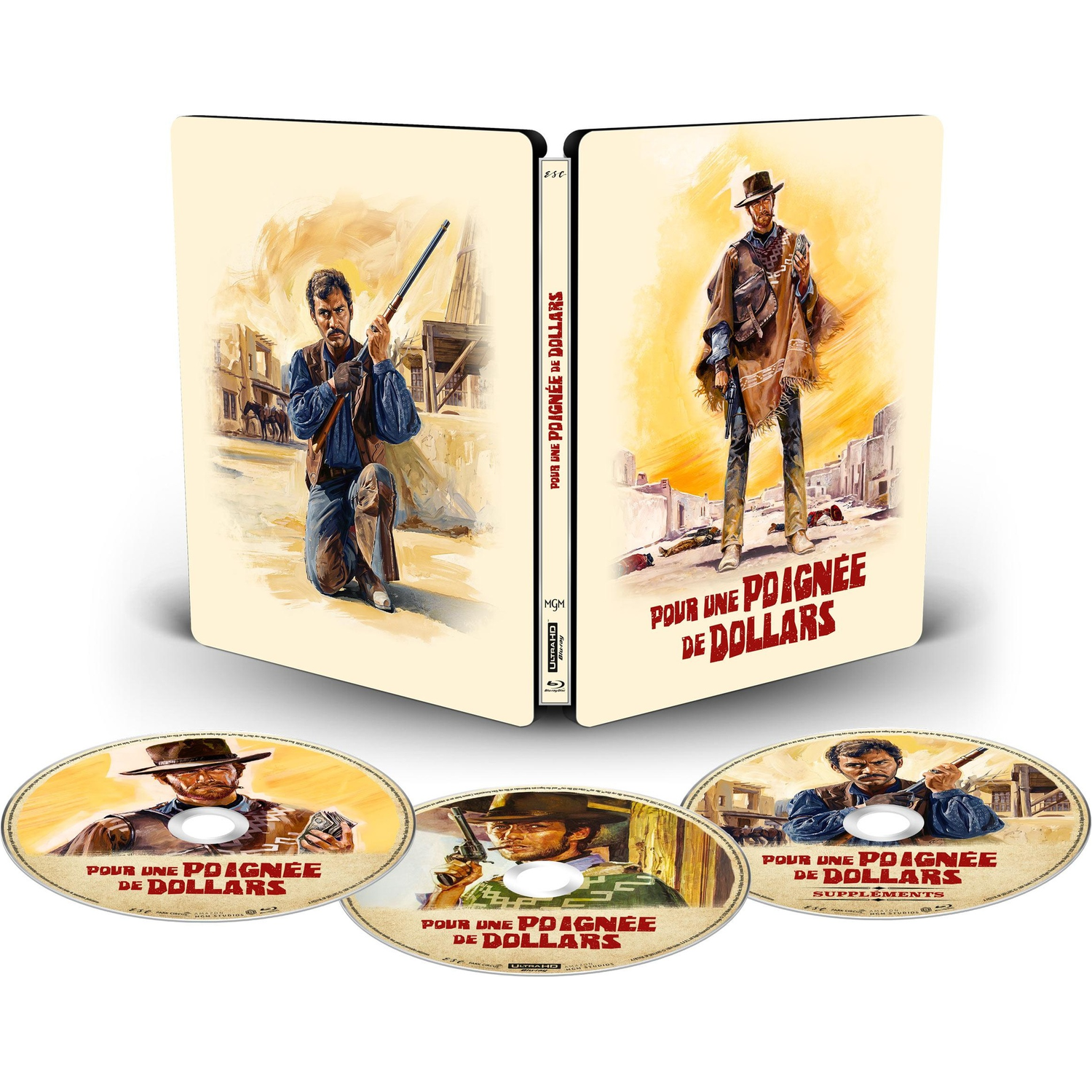 Western steelbook for A Fistful of Dollars with three discs showing movie scenes and title.