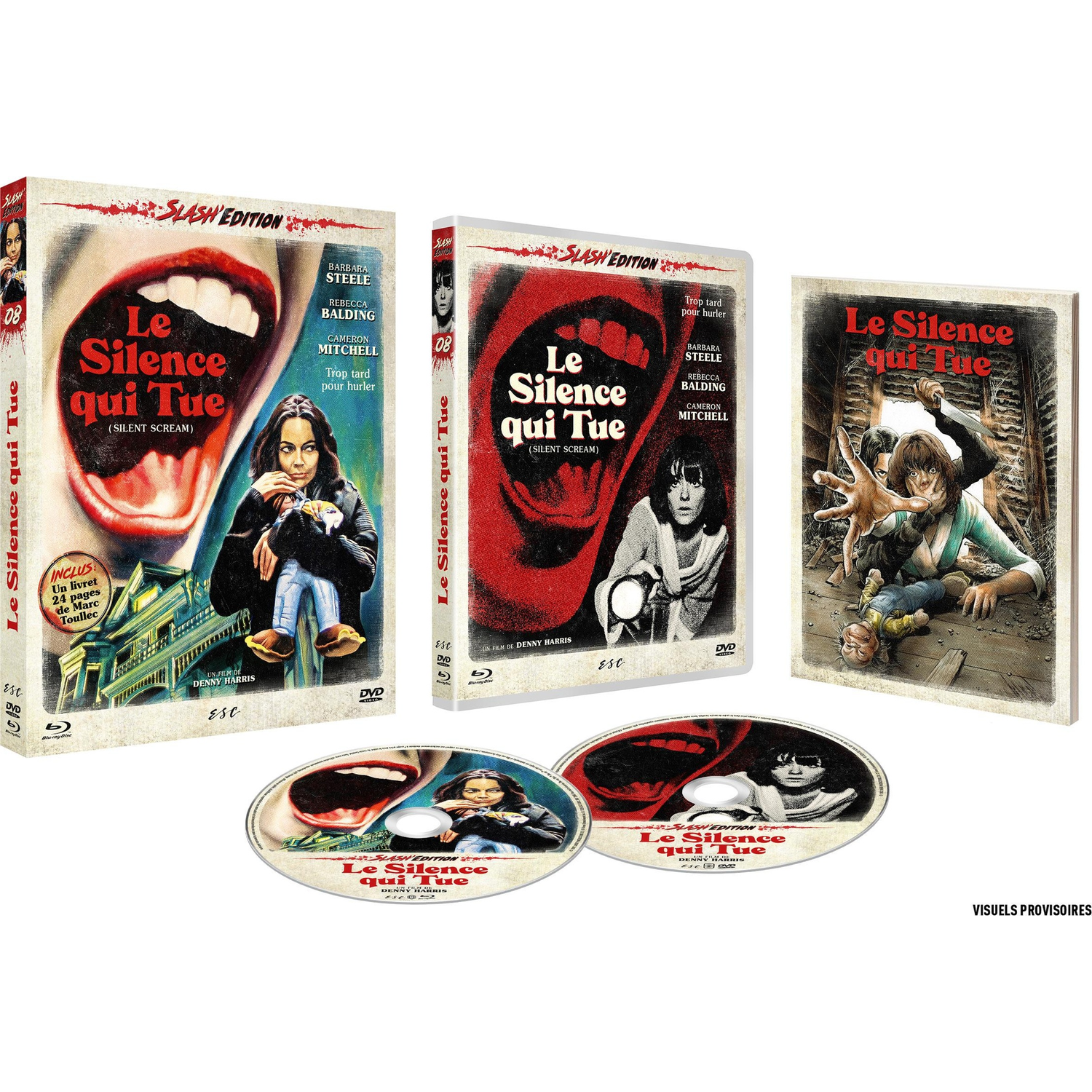 Le Silence qui Tue movie edition with Blu-ray, DVD, and booklet featuring horror artwork.
