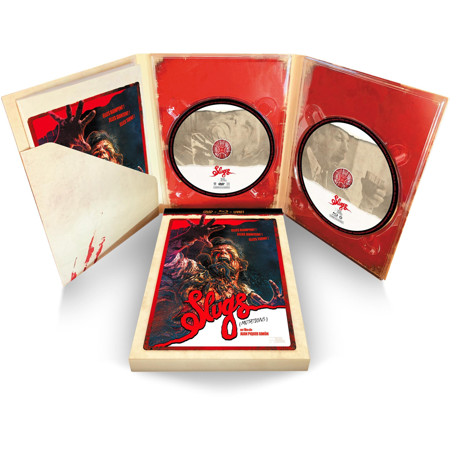 Slugs movie special edition box set open, revealing a booklet, red inner trays, and two custom DVDs.