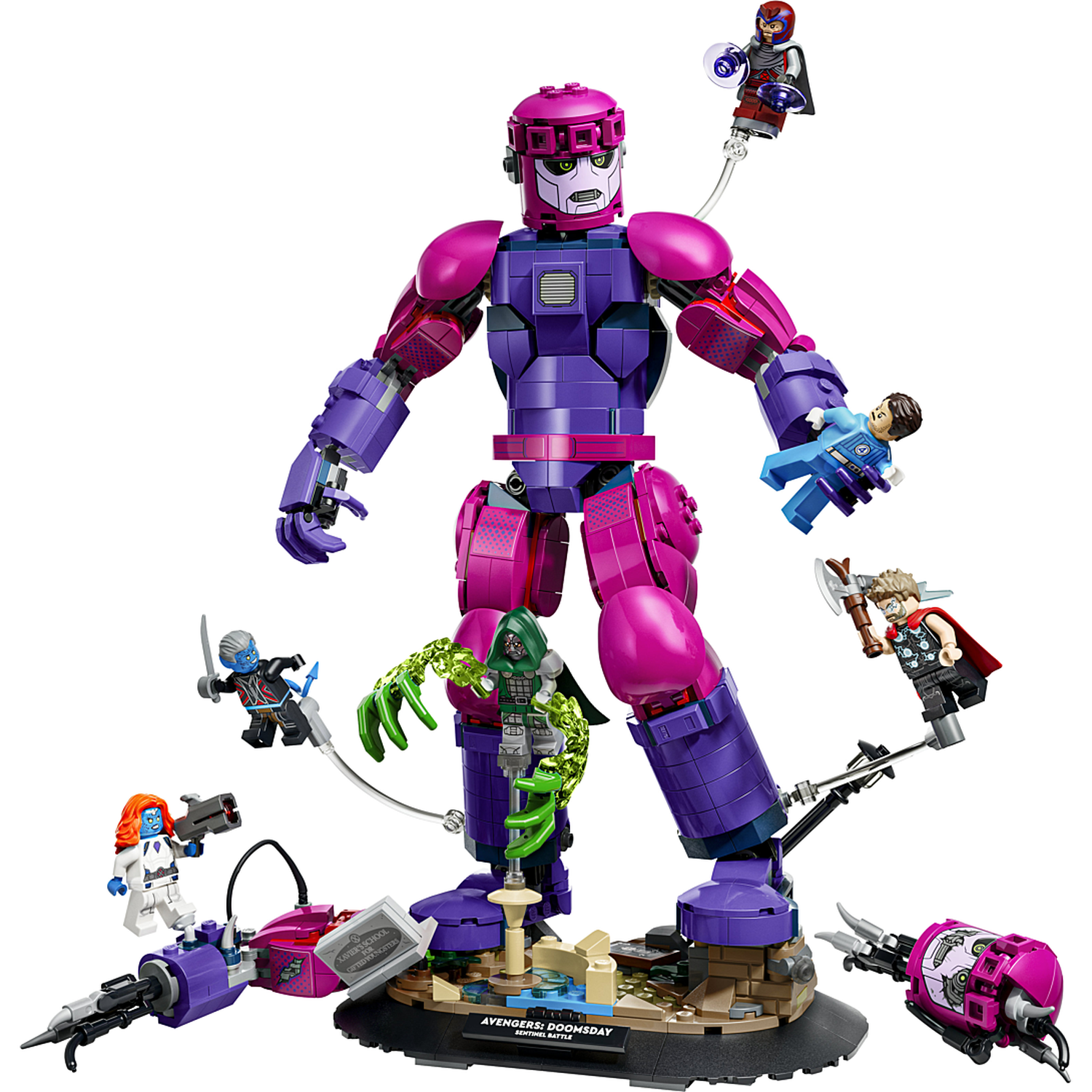 A LEGO set features a large purple and pink Sentinel robot surrounded by multiple superhero and villain minifigures.