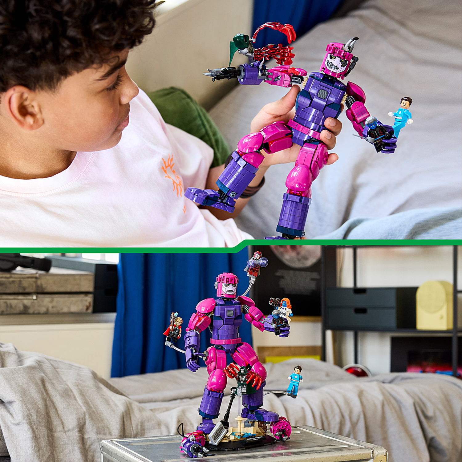 A boy holds a large pink and purple Lego robot figure while other Lego characters are positioned around it.