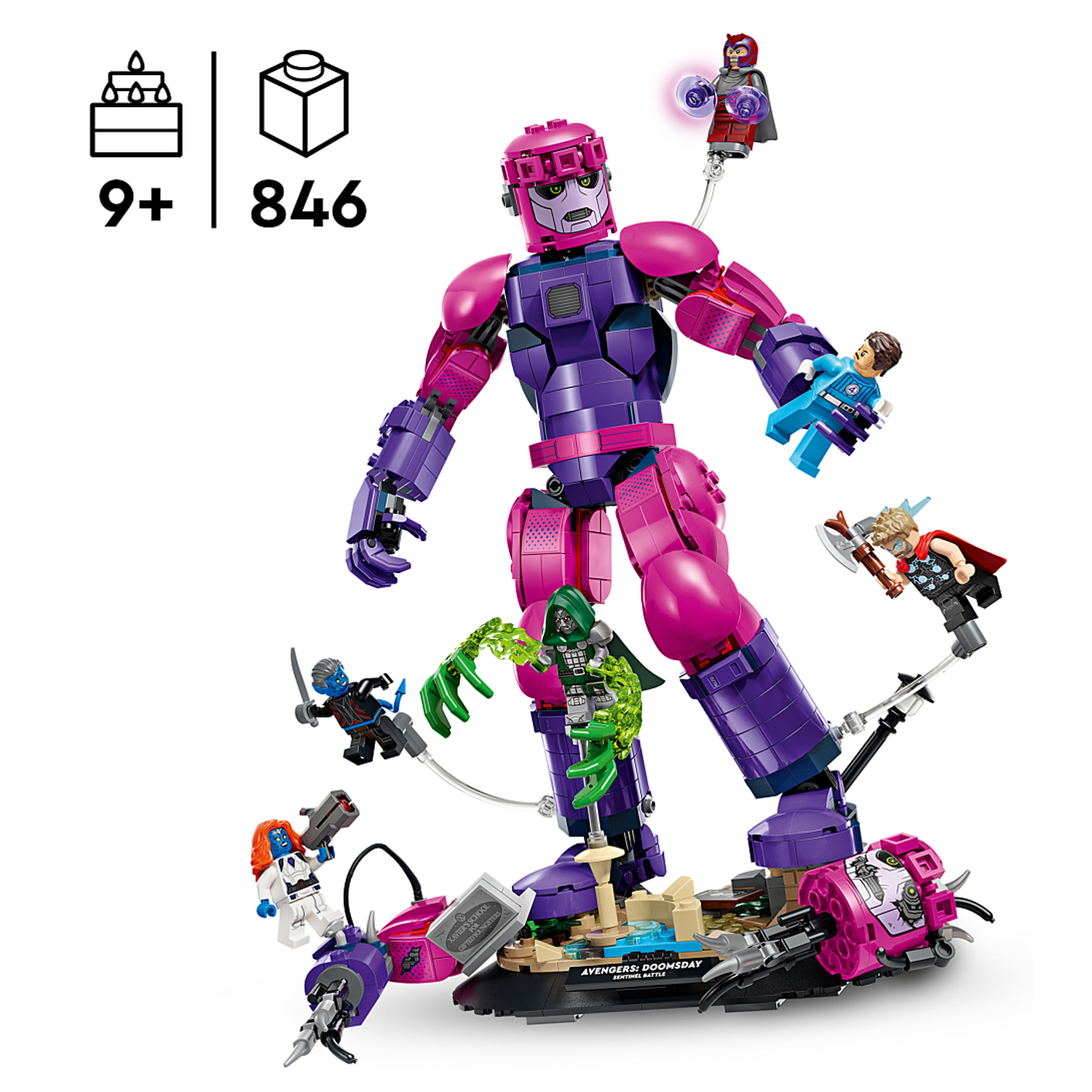 Lego Marvel set featuring a large pink and purple robot figure and several minifigures on a base.