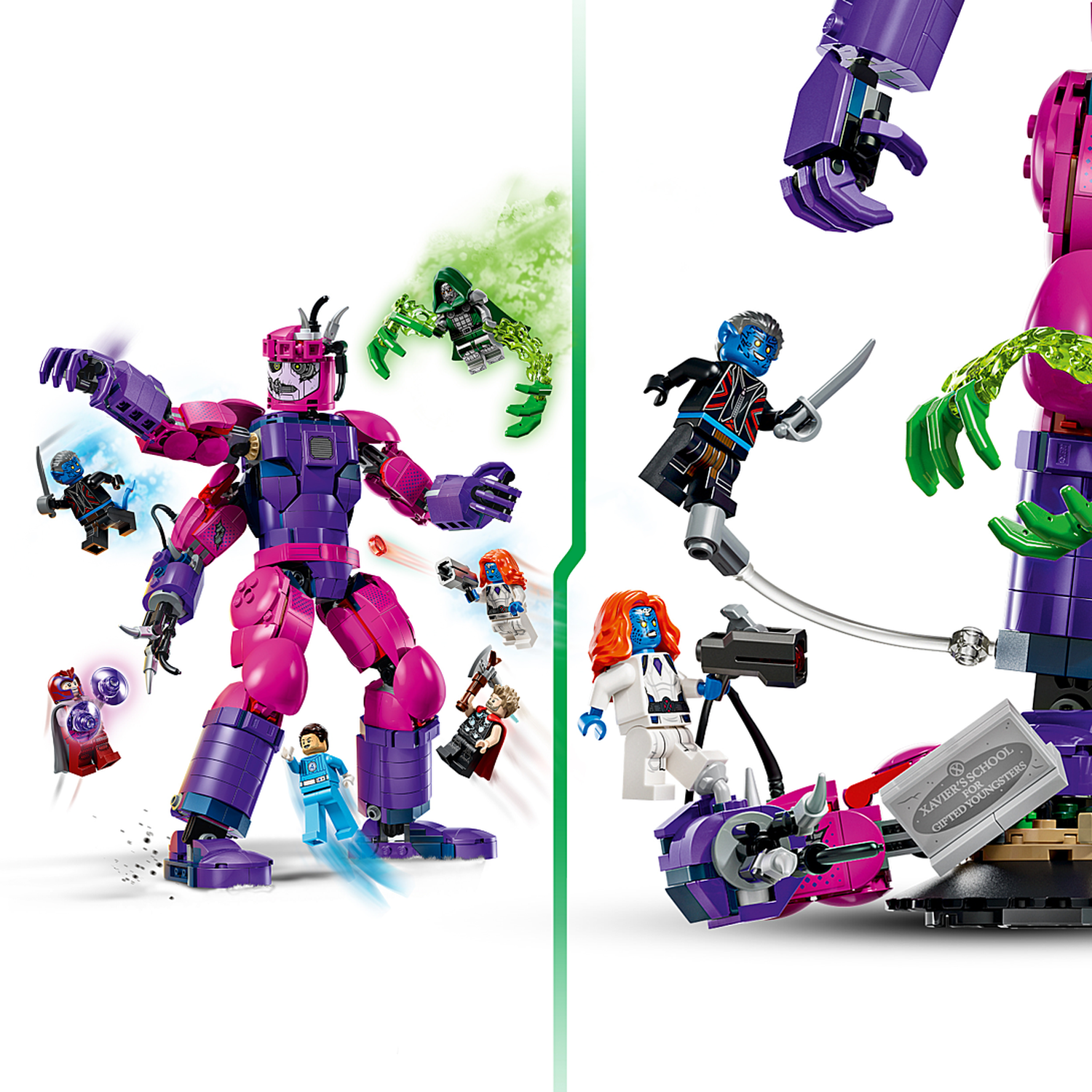 Lego superheroes fight a large purple multi-armed robot.