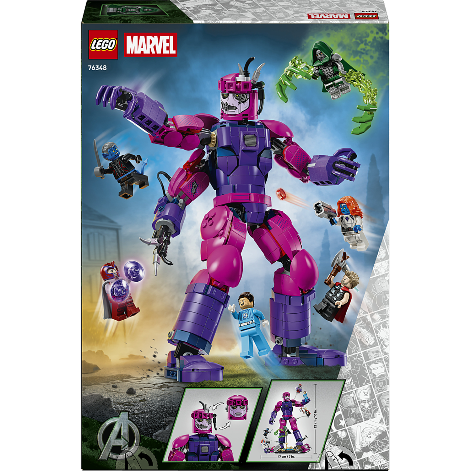 Lego Marvel set featuring a purple and pink robot and various minifigures against a cloudy sky.