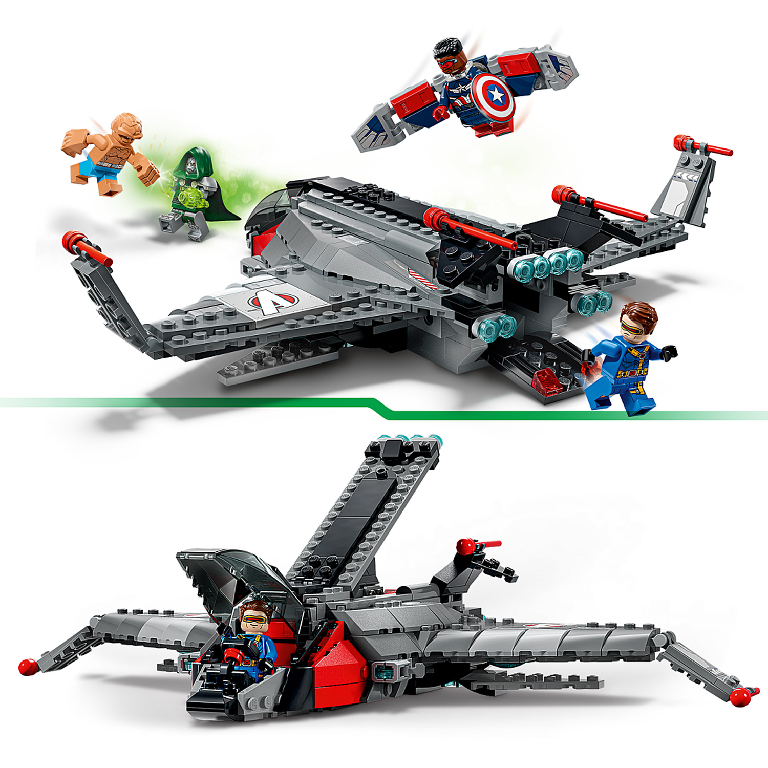 Lego set featuring a gray aircraft with minifigures including Captain America and Doctor Doom in action.