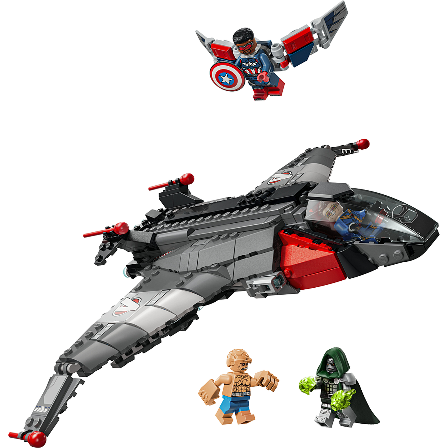 Lego set featuring a large gray aircraft, a flying winged figure, The Thing, and Doctor Doom.