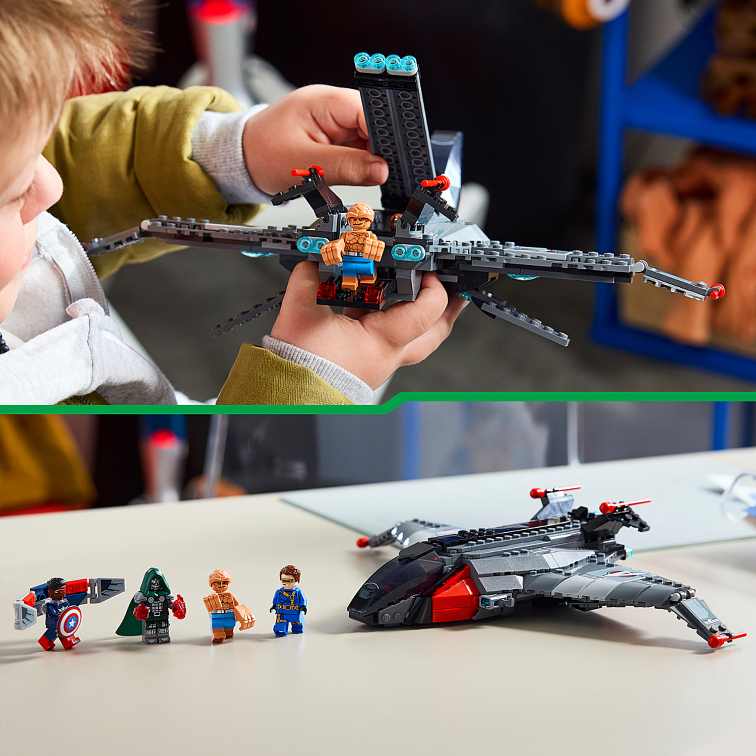 A child builds a Lego airplane, with four Lego minifigures standing next to it on a table.