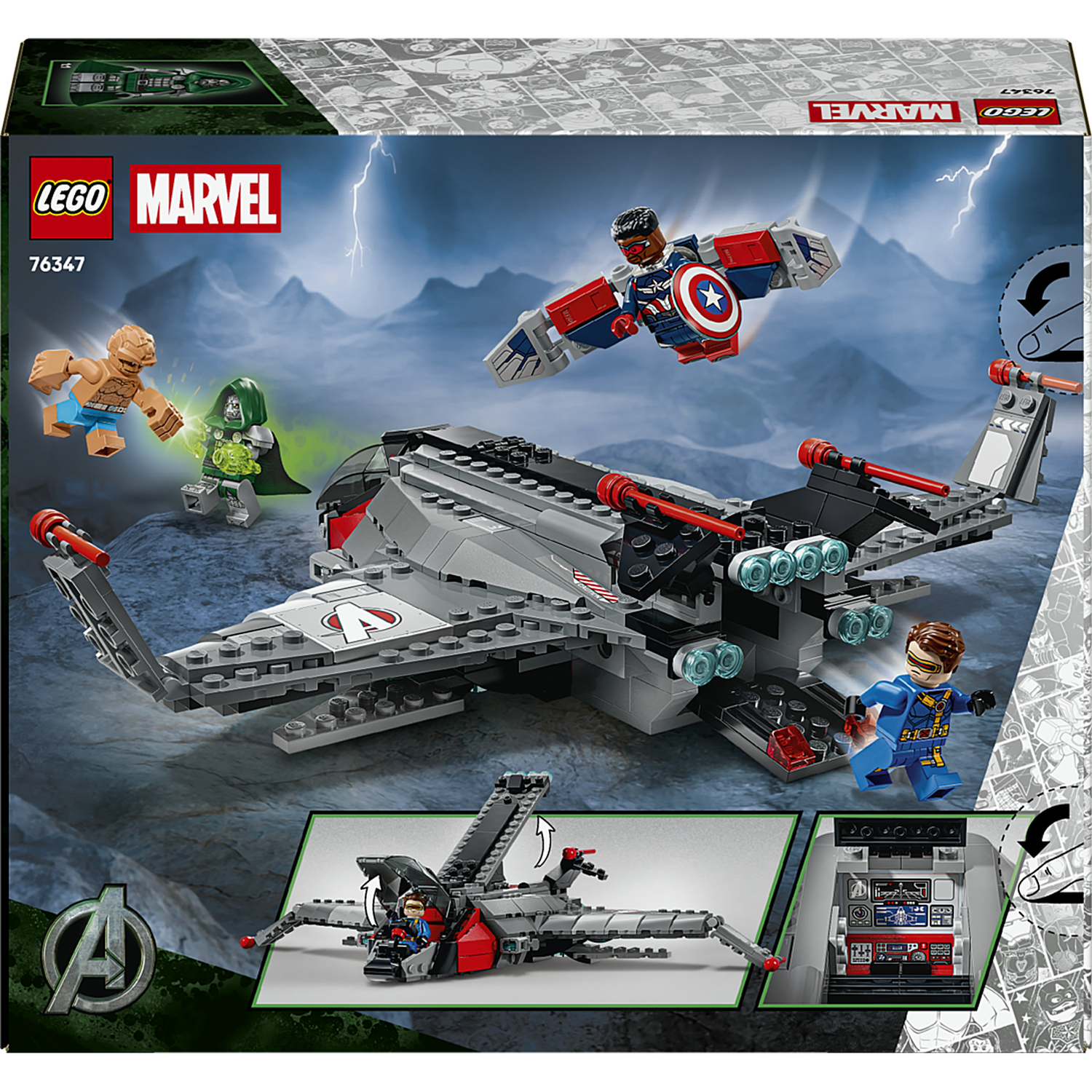 Lego Marvel Avengers set featuring a jet and minifigures like Captain America and Doctor Doom.