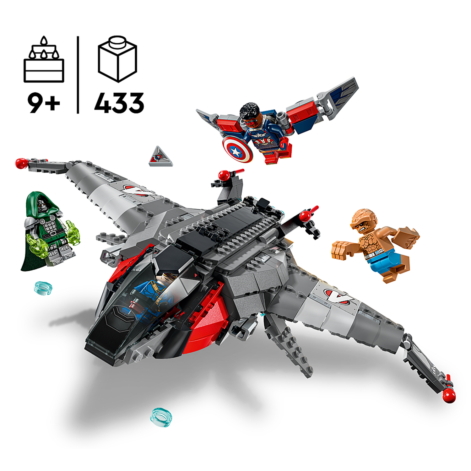Lego set with a grey jet, Captain America, Doctor Doom, and The Thing, 433 pieces.