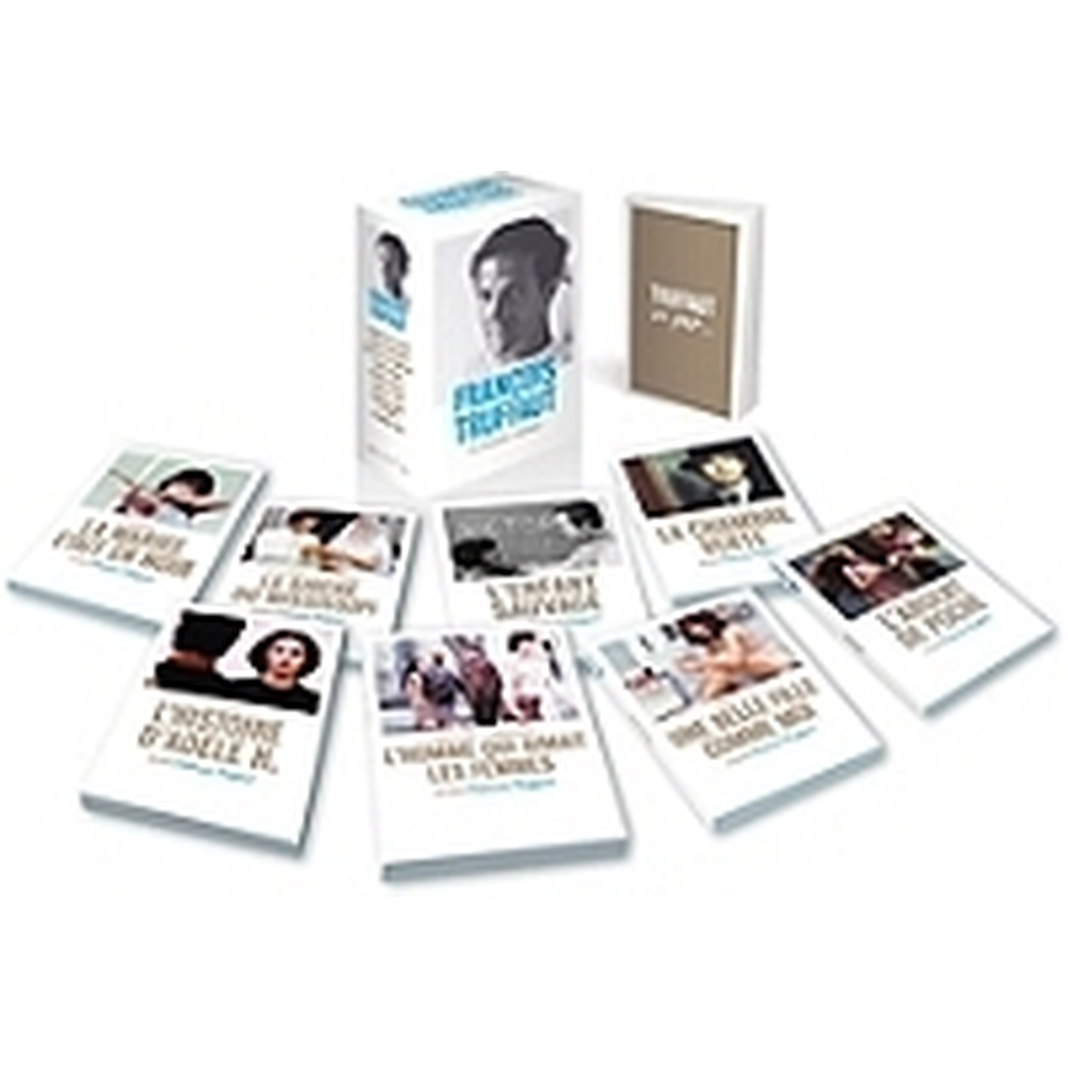 A François Truffaut film collection box set with multiple DVDs arranged on a white background.
