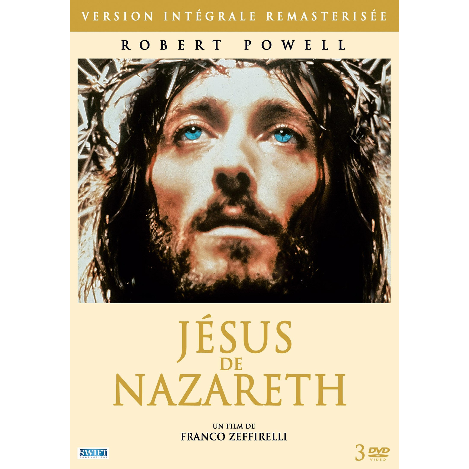 DVD cover of Jesus of Nazareth starring Robert Powell wearing a crown of thorns.