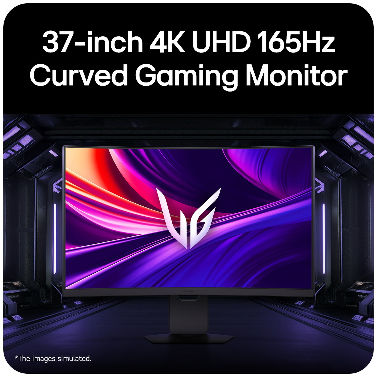 A 37-inch 4K UHD 165Hz curved gaming monitor displayed against a futuristic, dark purple background.