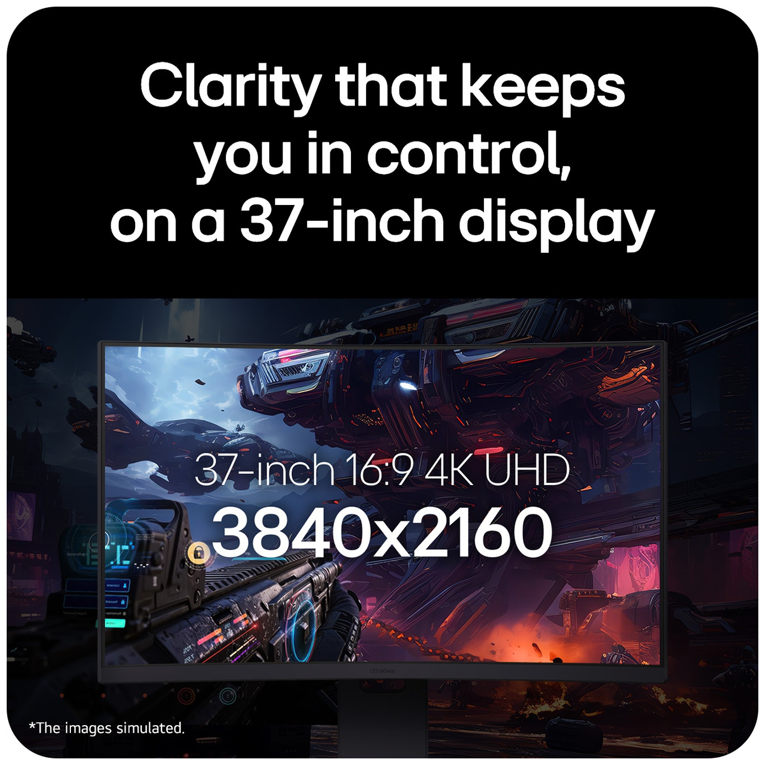 A 37-inch monitor displays a 4K UHD gaming scene with detailed graphics and text.