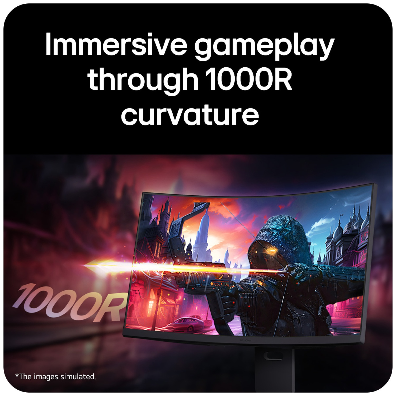 A curved monitor displays a fantasy battle scene with text about 1000R curvature.