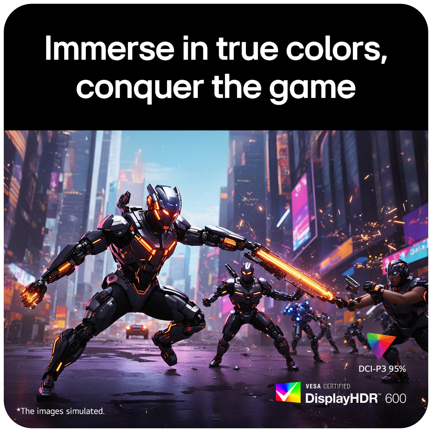 Futuristic cyborg warriors in a city street, holding glowing orange weapons.