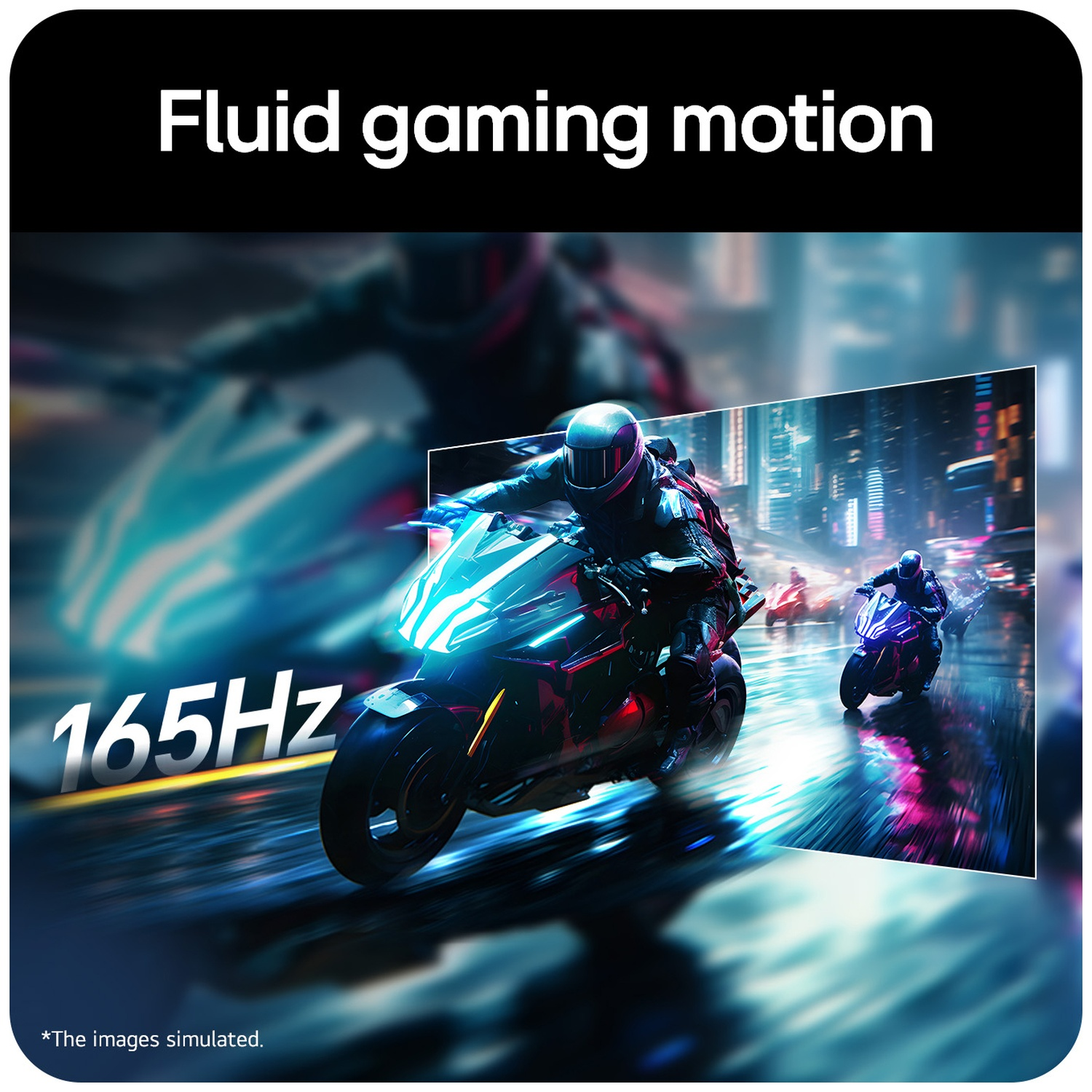 Motorcyclist in neon city rain with text Fluid gaming motion and 165Hz.
