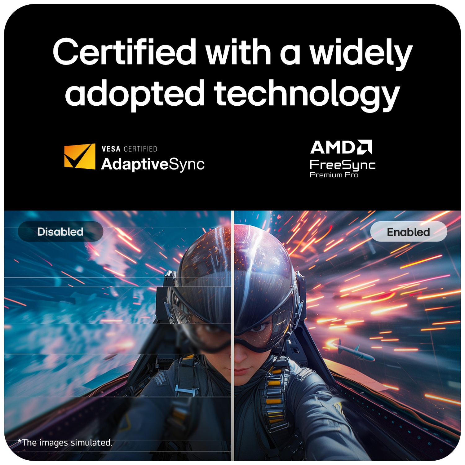 Comparison image shows AdaptiveSync technology disabled versus enabled on a pilot in a cockpit.