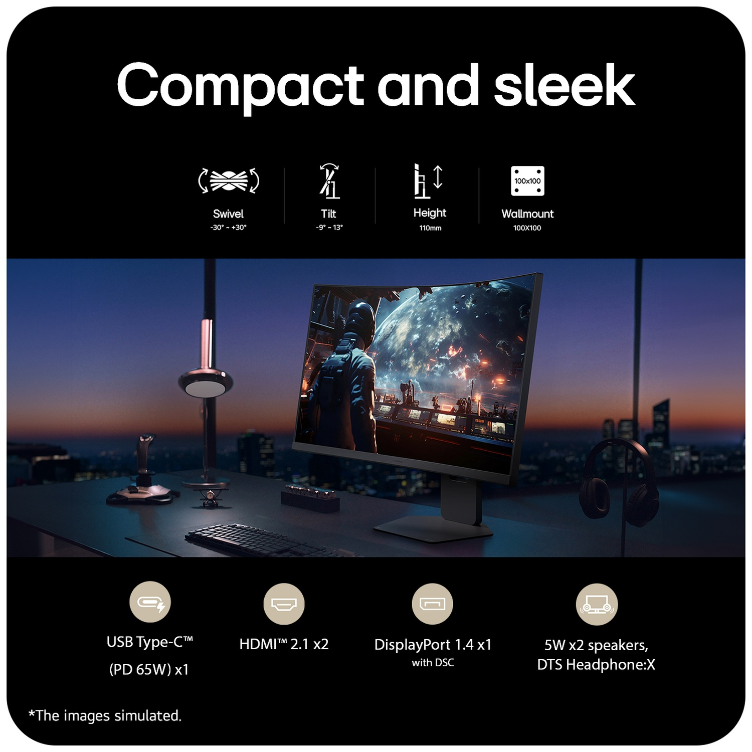 Monitor on a desk with icons showing swivel, tilt, height, wallmount, and connection ports.