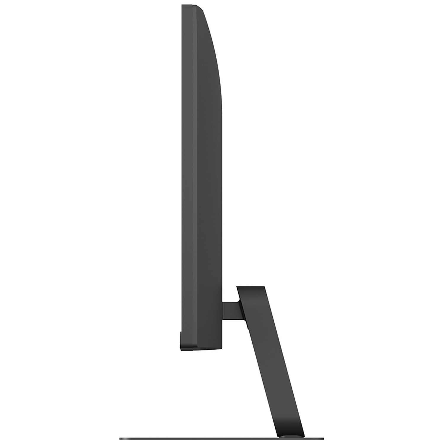 A side view of a slim black computer monitor with a modern stand on a white background.
