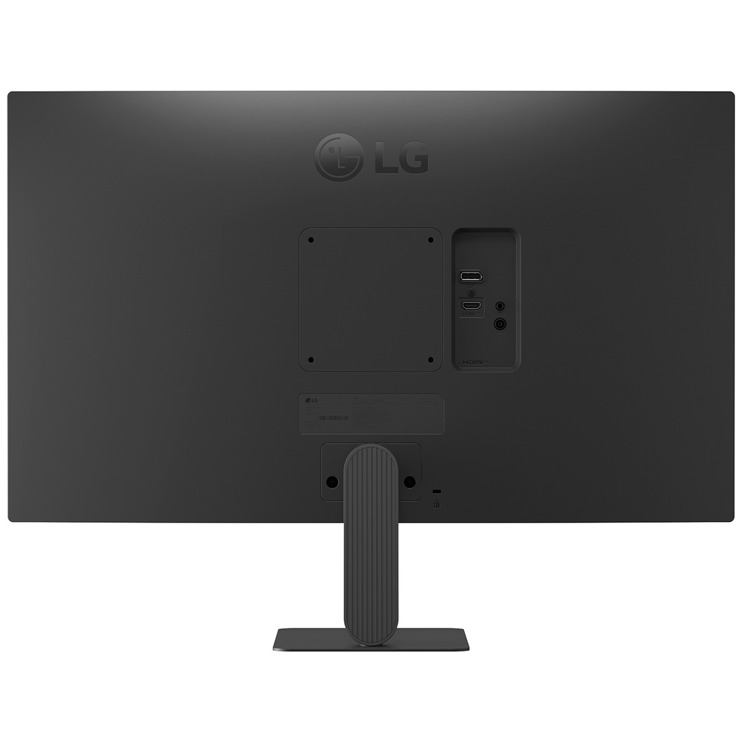 Back view of a black LG monitor with stand, VESA mount, and port panel.