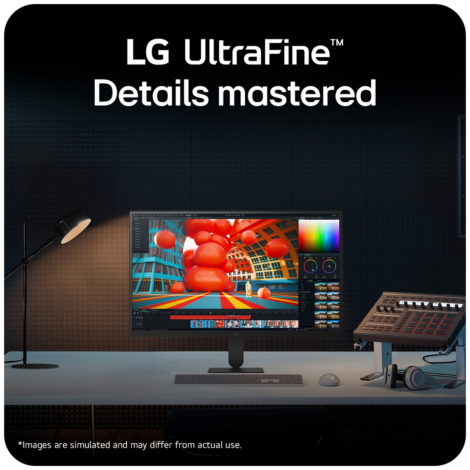 LG UltraFine monitor on desk with lamp and audio device.