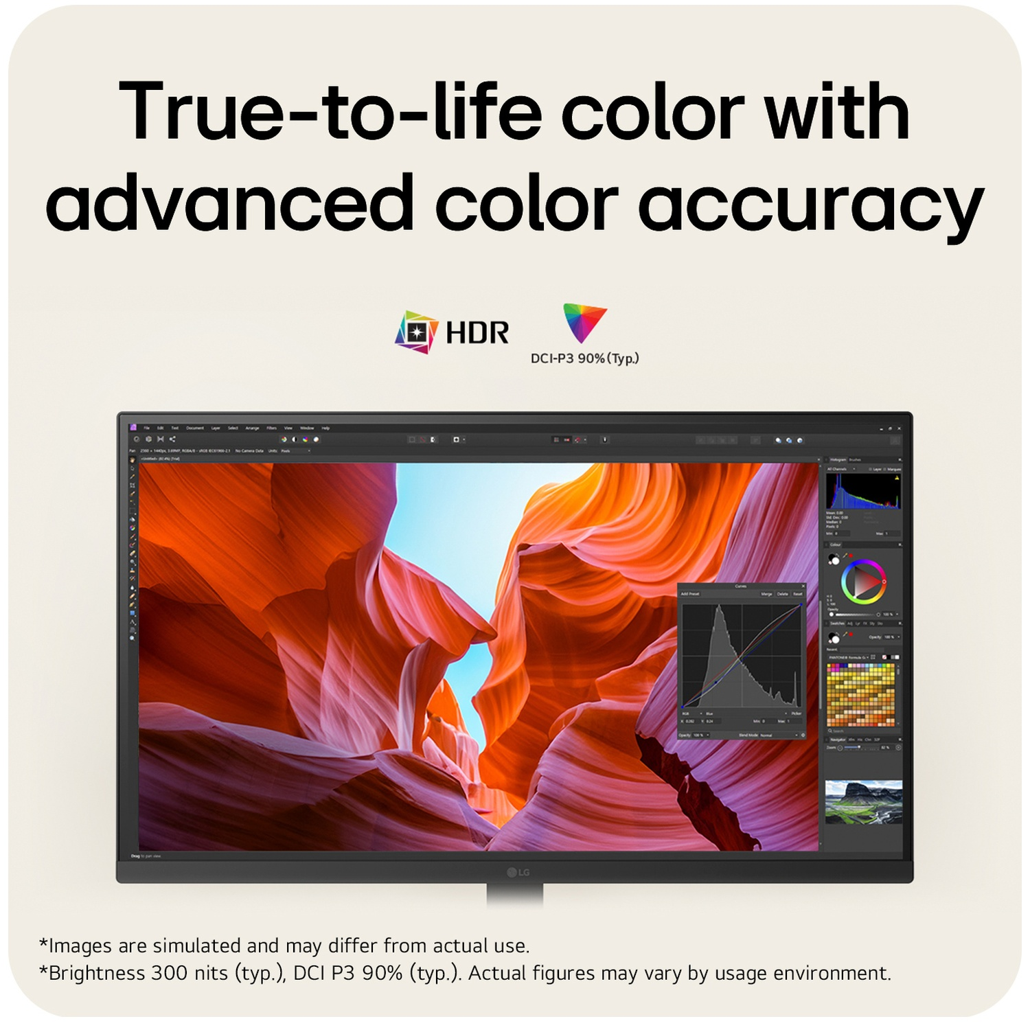 An LG monitor displaying a vibrant canyon image with HDR and DCI-P3 color accuracy text above.