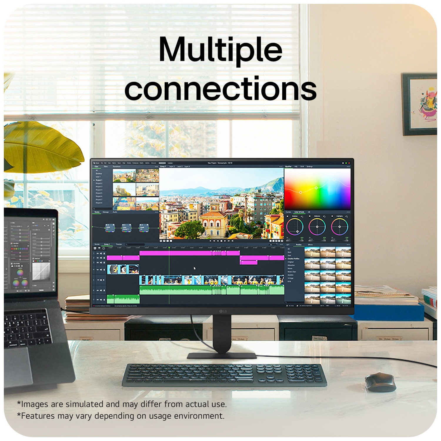 A desk with a laptop, monitor displaying video editing software, keyboard, and mouse.
