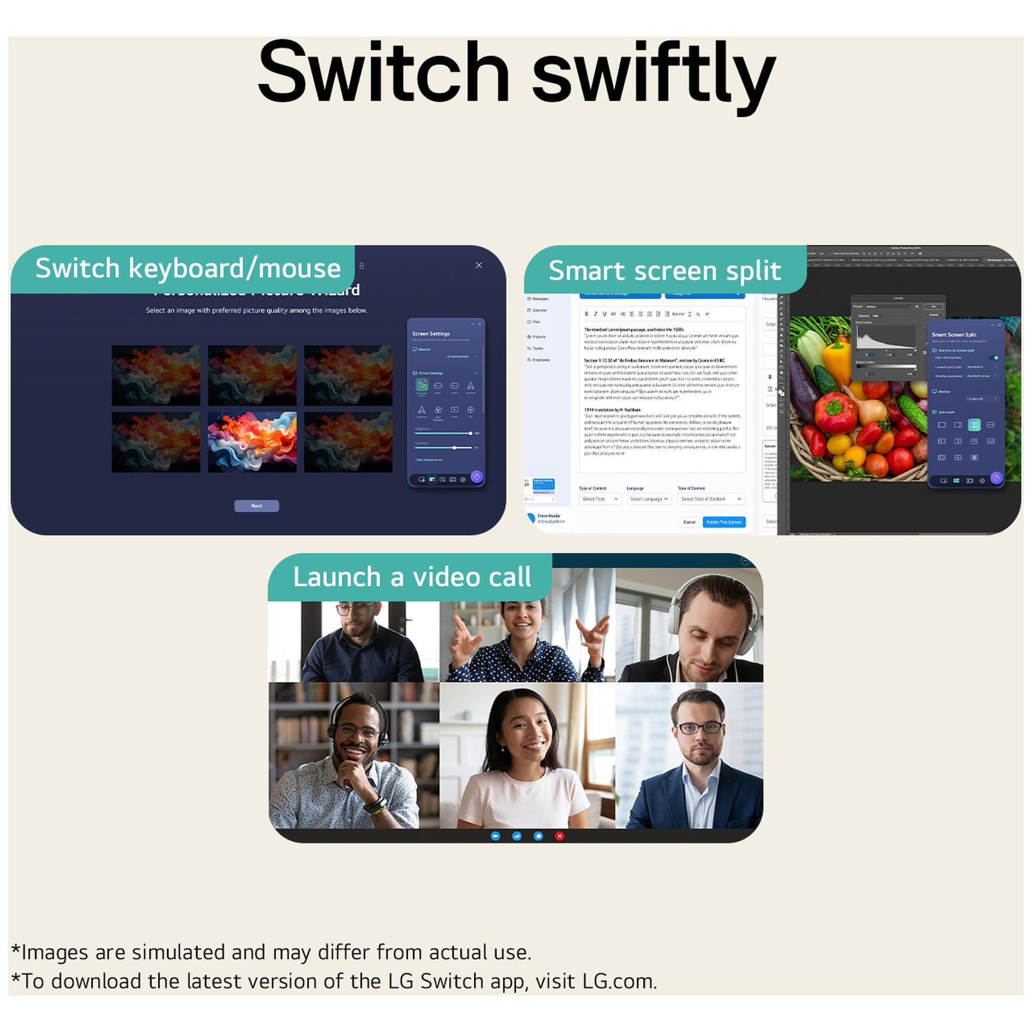 Software display showing features like keyboard switch, smart screen split, and video calls.