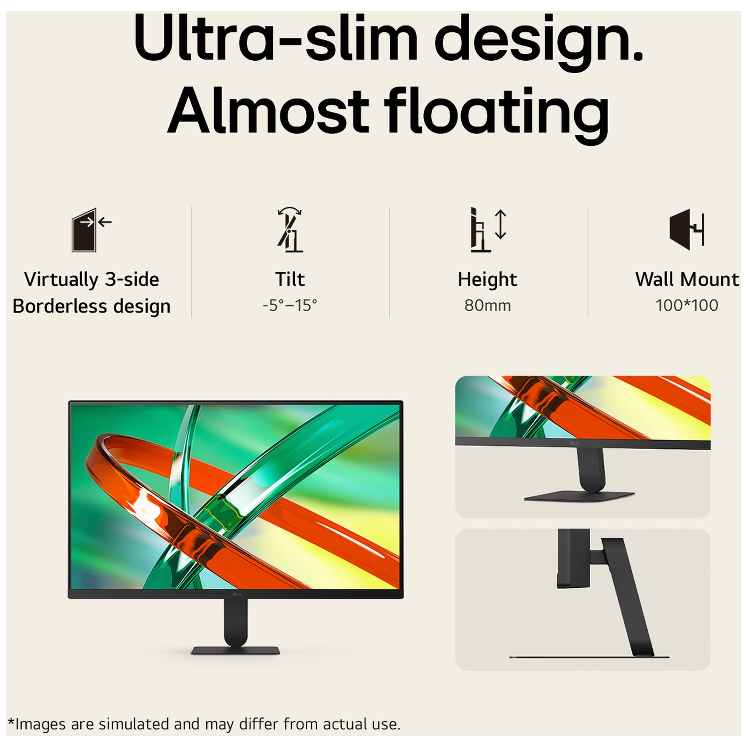 Monitor with ultra-slim design, borderless display, adjustable stand, and icons for tilt, height, and wall mount.