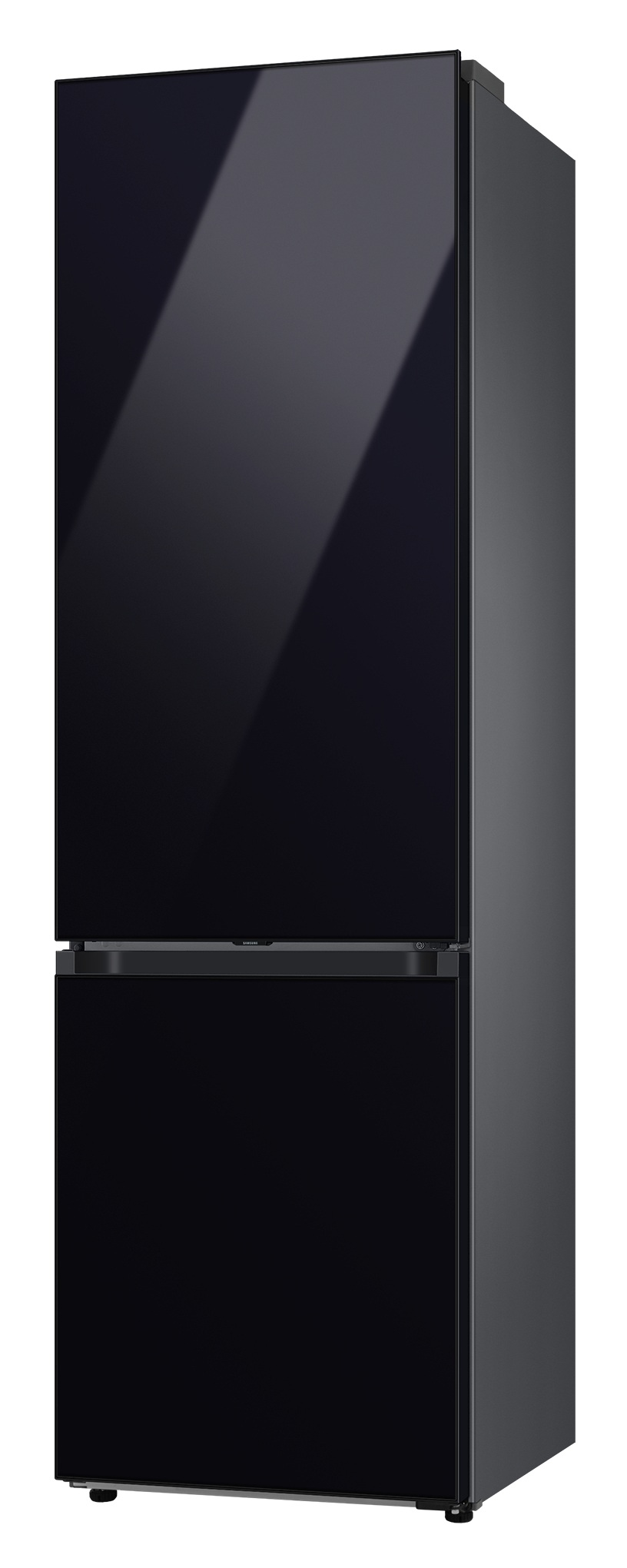 Elegancka, czarna lodówka Samsung z błyszczącymi szklanymi drzwiami na białym tle.