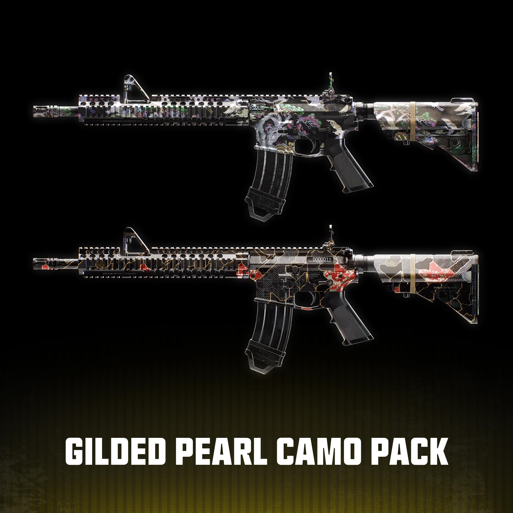 Zwei Sturmgewehre mit detailreichen Tarnmustern und der Aufschrift Gilded Pearl Camo Pack.