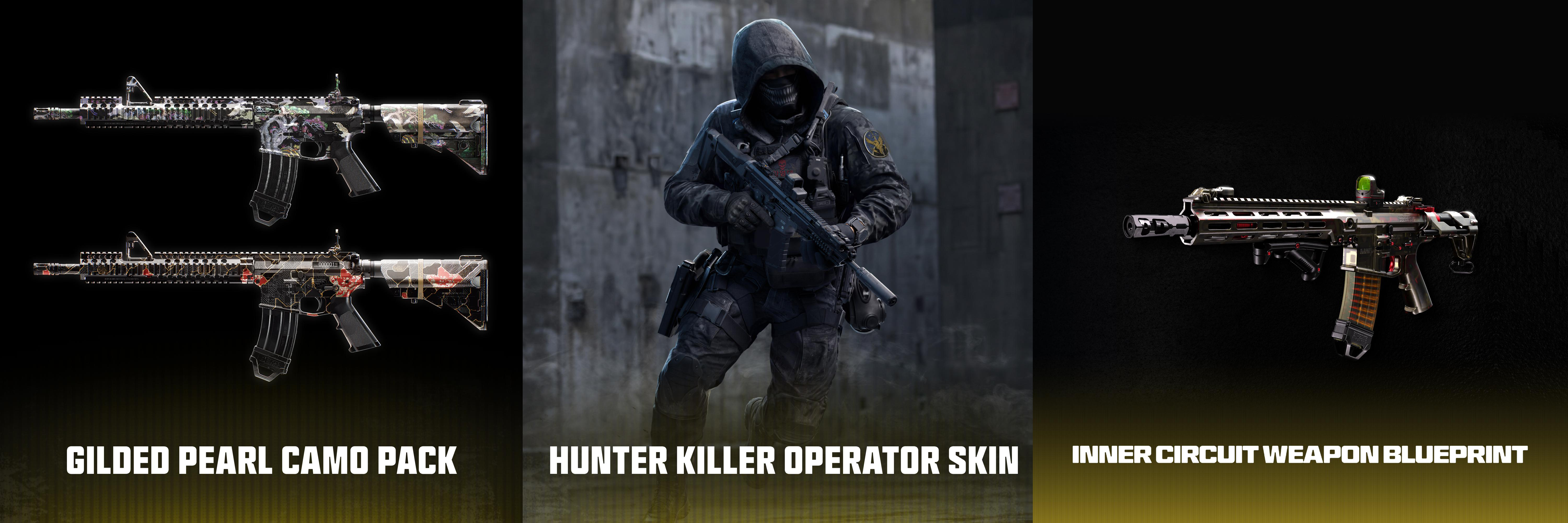 Call of Duty-Präsentation mit Gilded Pearl Tarn-Gewehren, Hunter Killer Operator-Skin und Inner Circuit Blaupause.