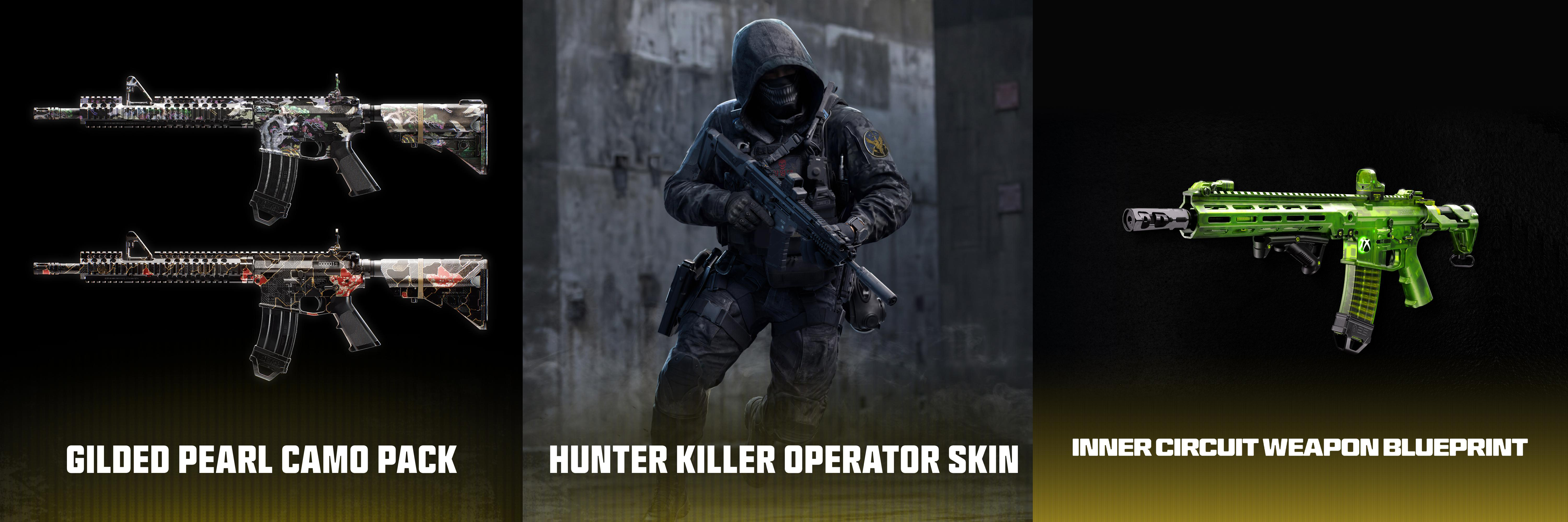 Call of Duty Skins: Gilded Pearl Camo Pack, Hunter Killer Operator und Inner Circuit Weapon Blueprint.