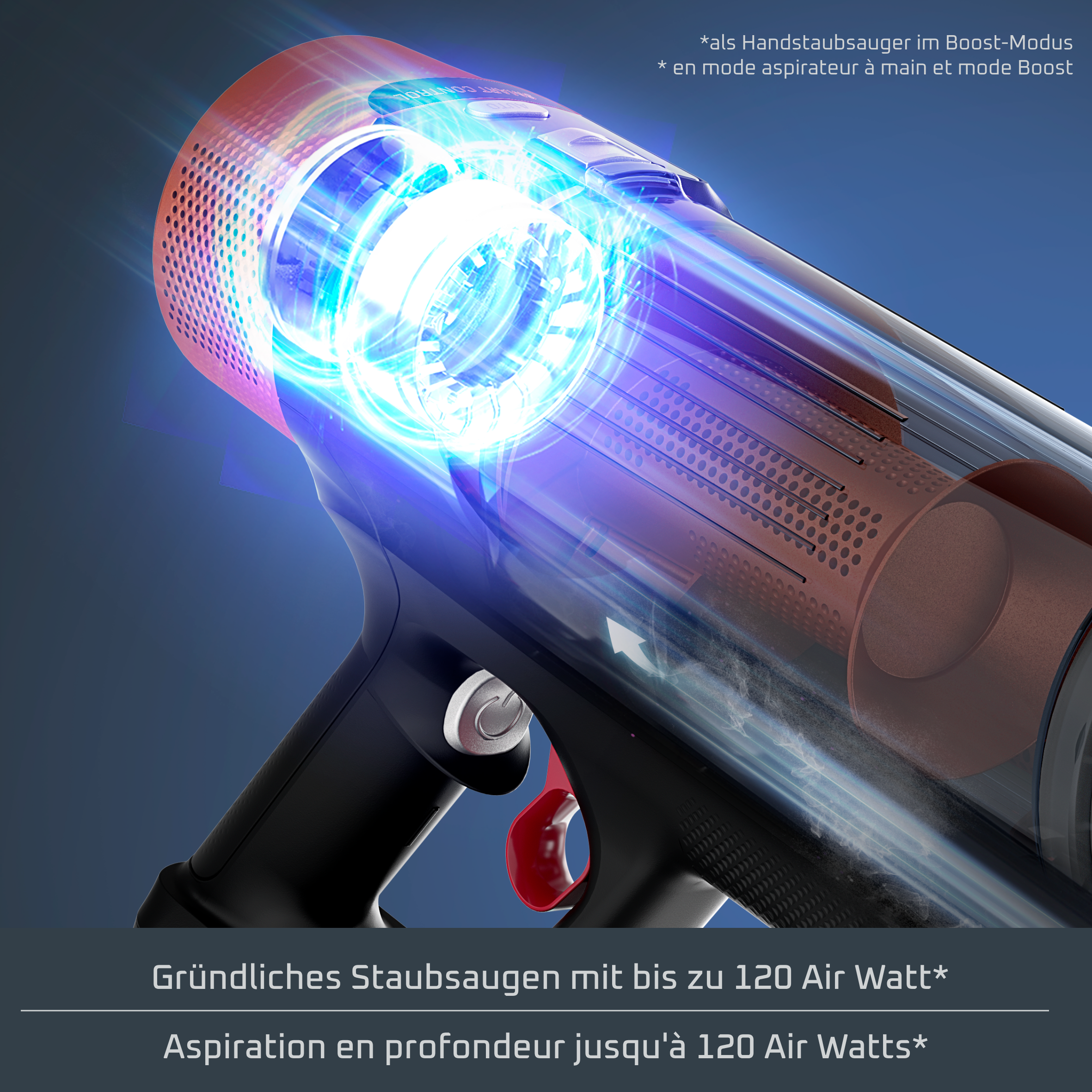 Glänzender Handstaubsauger mit leuchtendem blauem Motor und transparentem Staubbehälter.