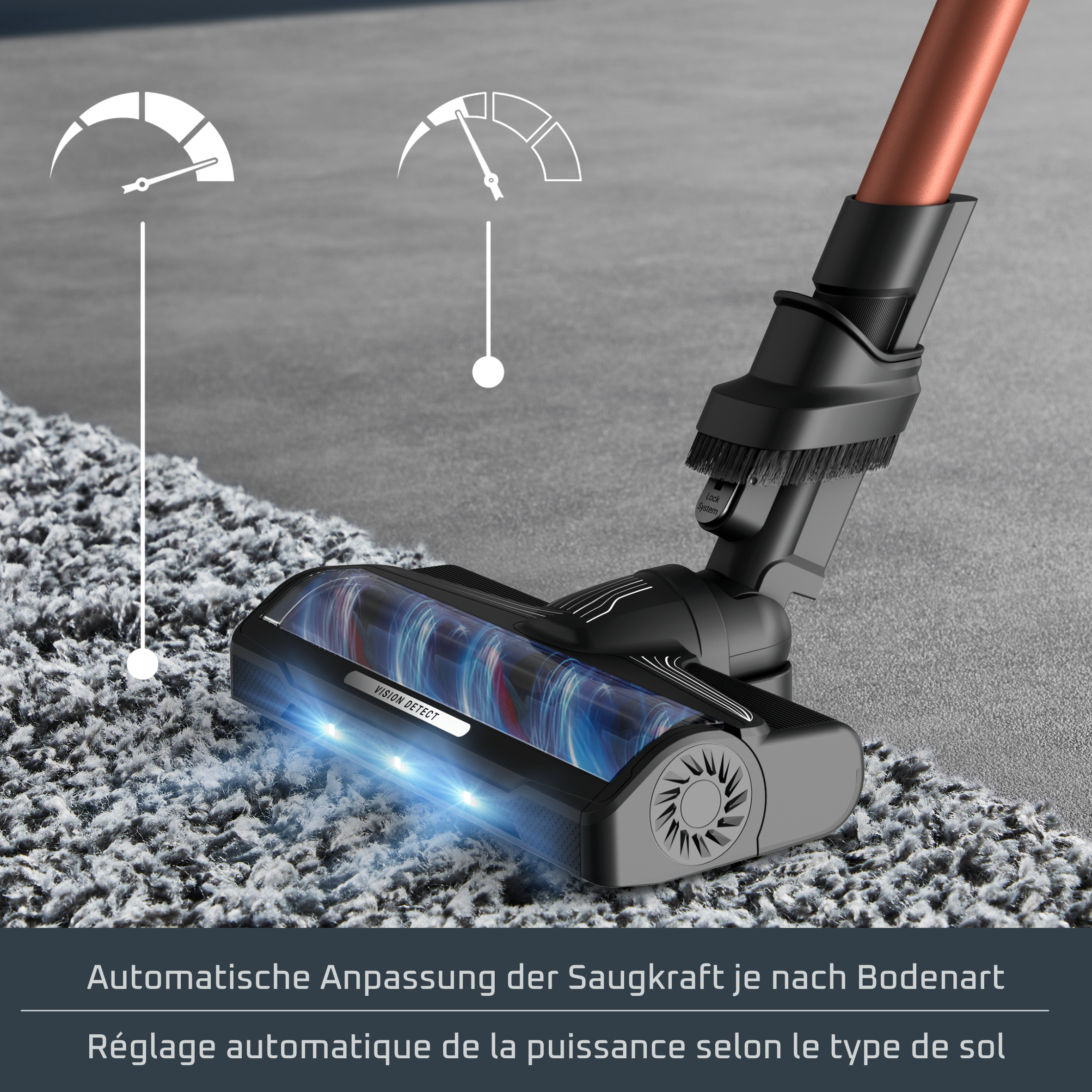 Staubsaugerdüse mit LED-Leuchten auf grauem Teppich und Boden, mit Grafiken zur automatischen Saugkraftanpassung.
