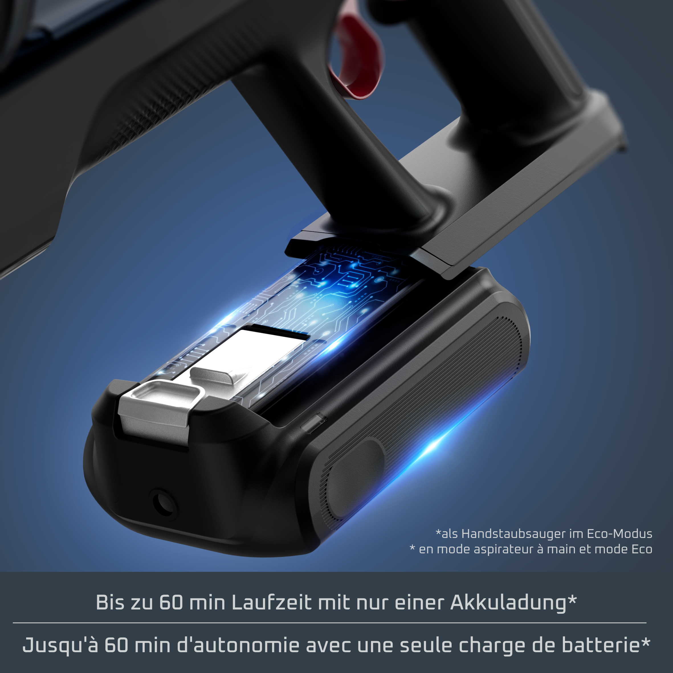 Nahaufnahme einer Staubsaugerbatterie mit integriertem, blau leuchtendem Schaltkreis.
