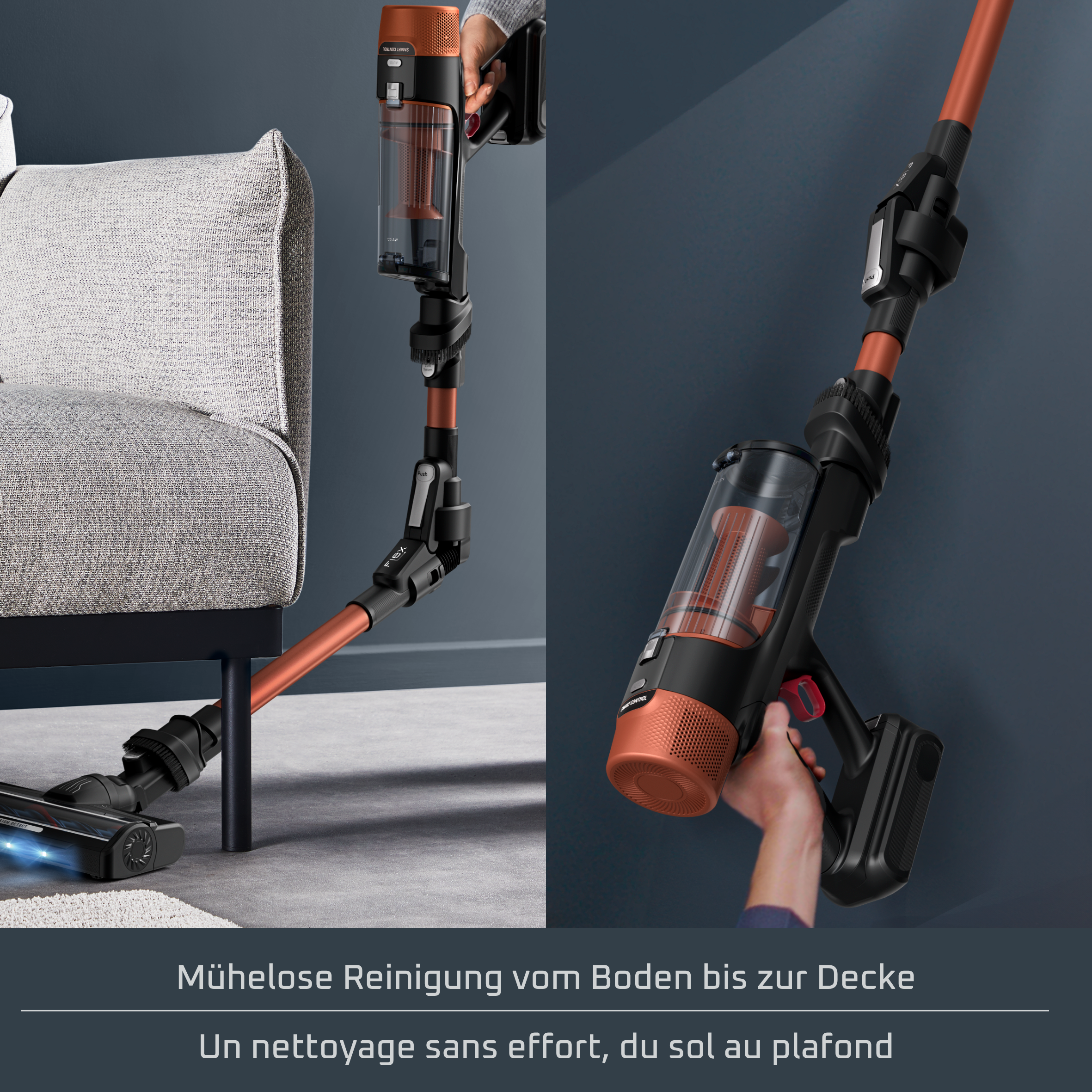 Ein biegsamer kabelloser Staubsauger reinigt unter einem Sofa, mit Nahaufnahme des handlichen Geräts.