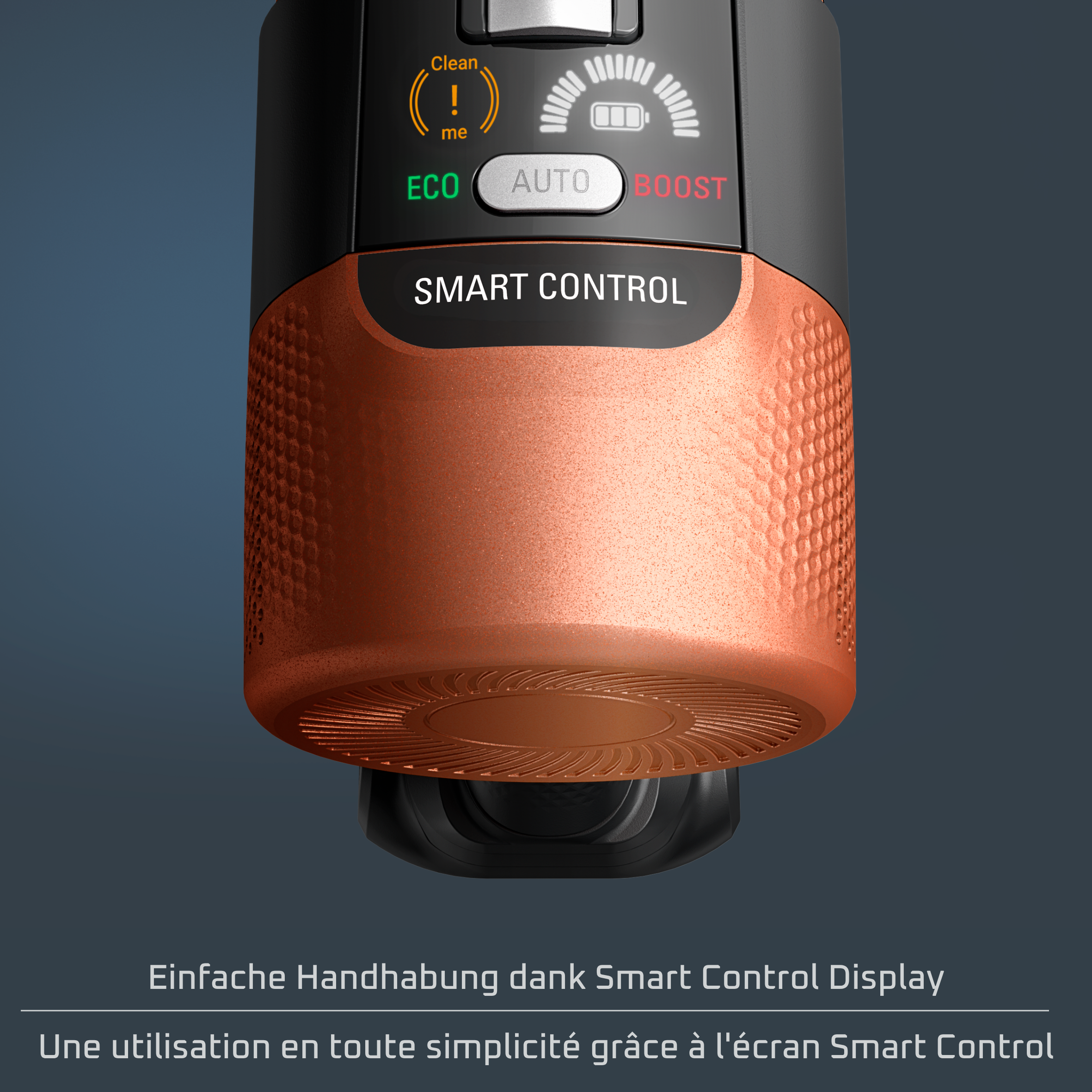 Smart Control Display mit Eco, Auto und Boost Modi an einem orange-schwarzen Gerät.
