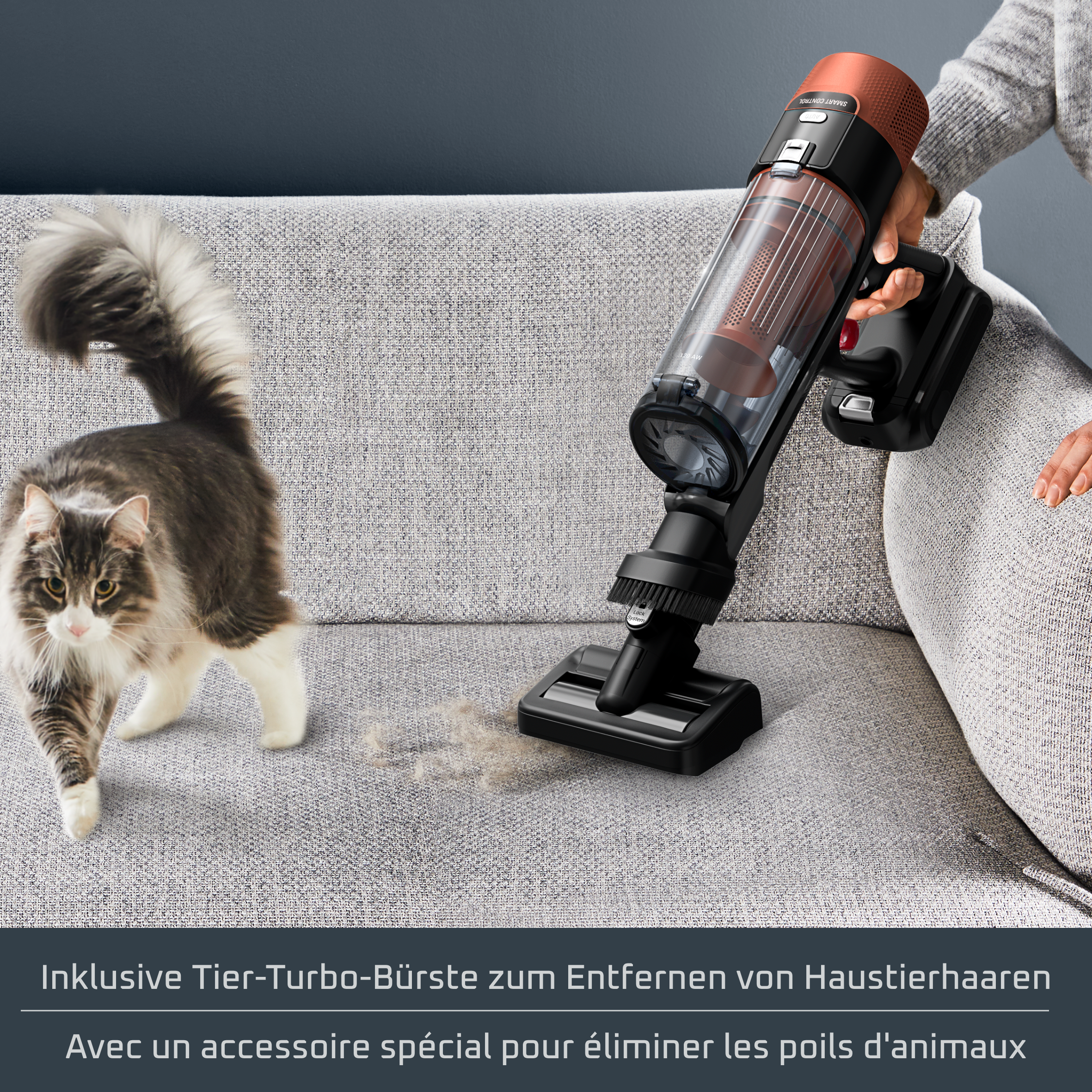 Ein kabelloser Staubsauger reinigt Tierhaare von einem grauen Sofa, während eine Katze daneben steht.