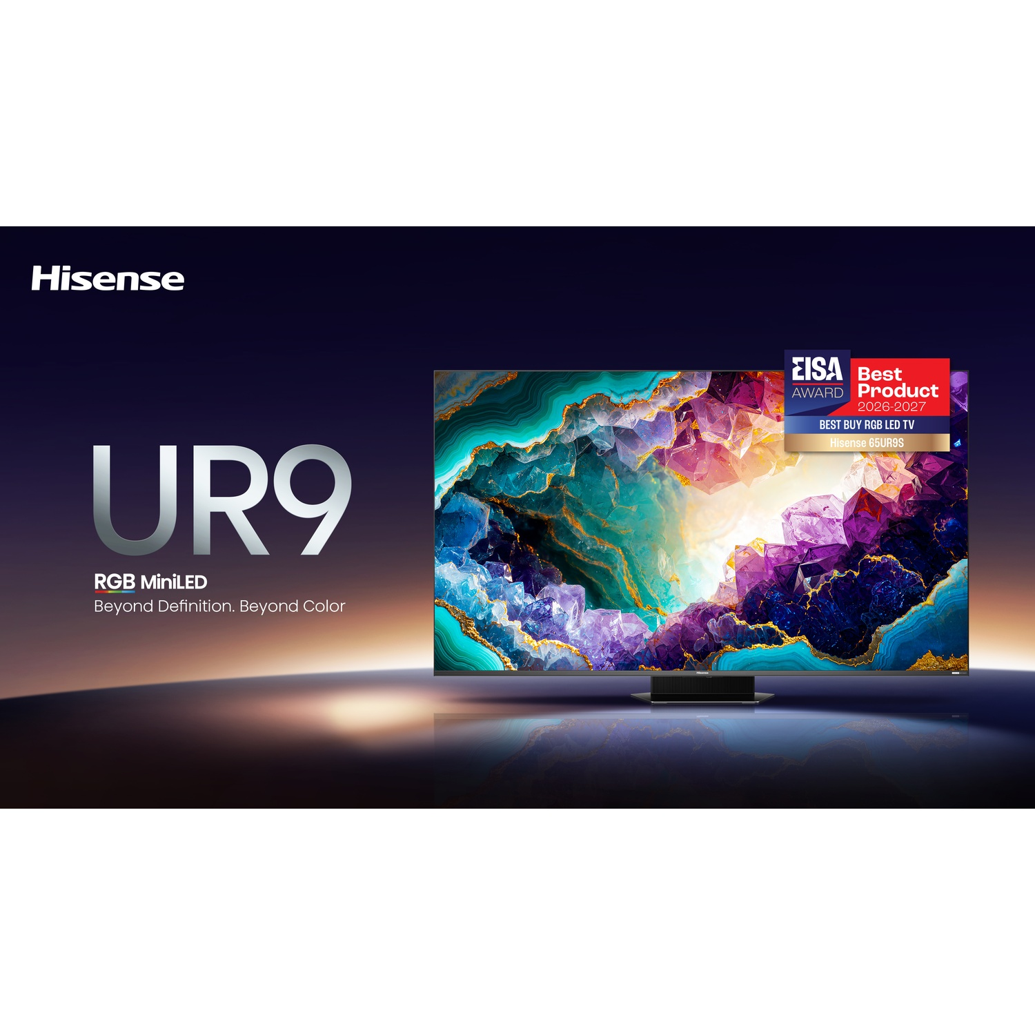 Hisense UR9 RGB MiniLED TV displays a colorful crystalline pattern on screen with an EISA award badge.